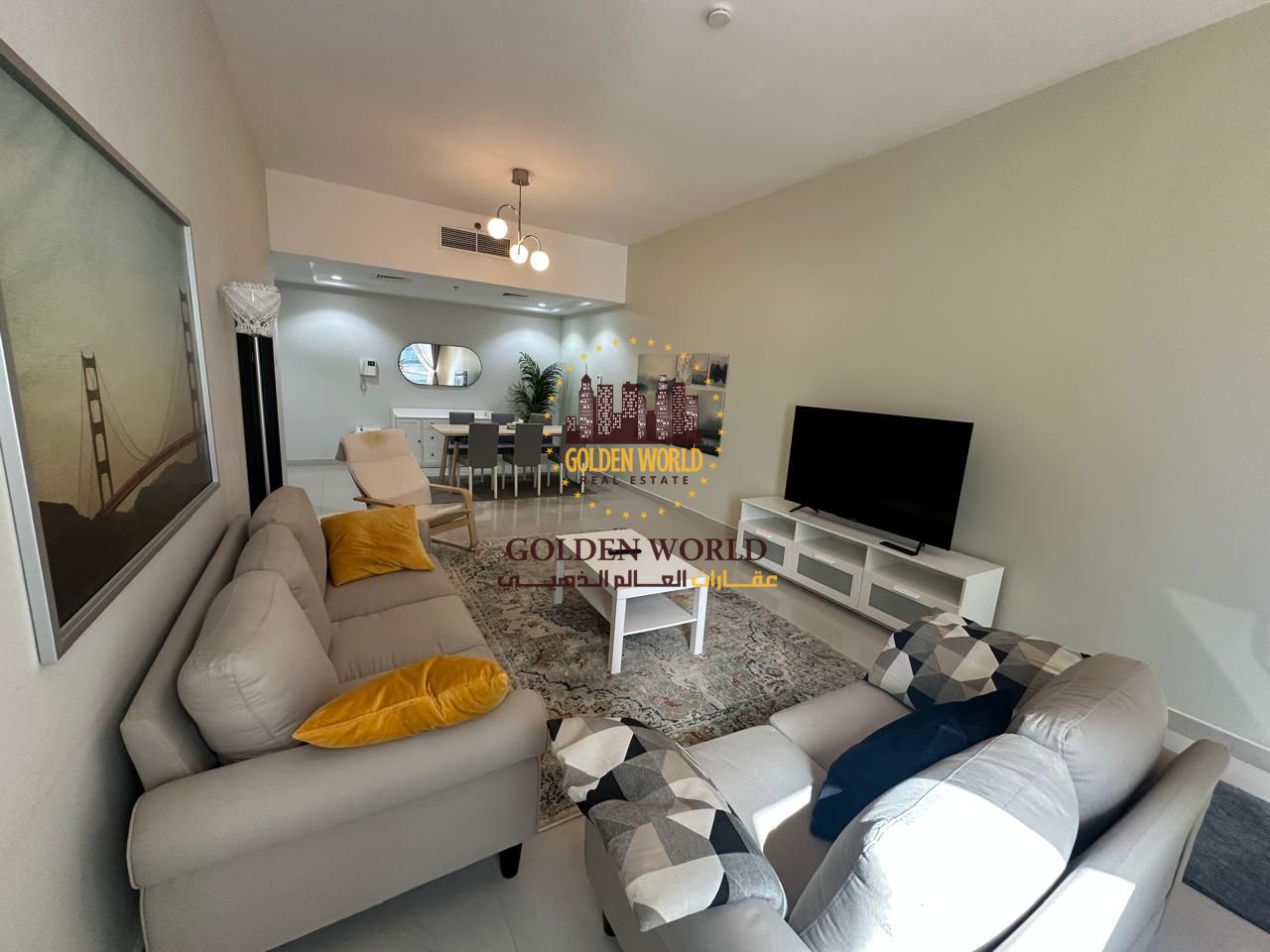 Furnished two-bedroom apartment with living room in one of the finest towers in Al Khan Al Qasba, spacious layout, free AC and parking, panoramic and