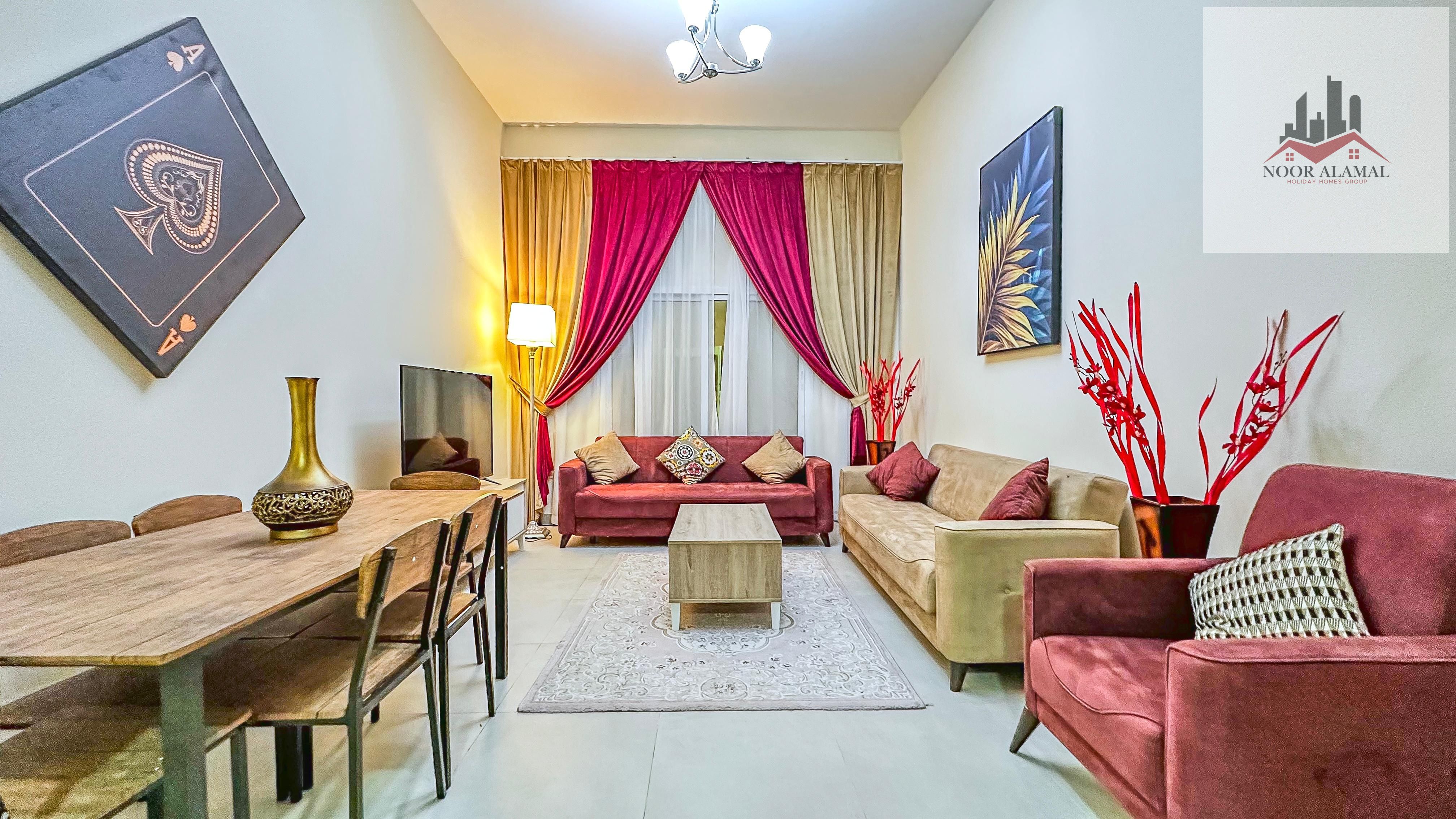 Dubai, Mirdif, opposite City Centre Mirdif. 3 bedrooms, living room, 4 bathrooms. First occupancy. Fully furnished with hotel-style furniture. Include