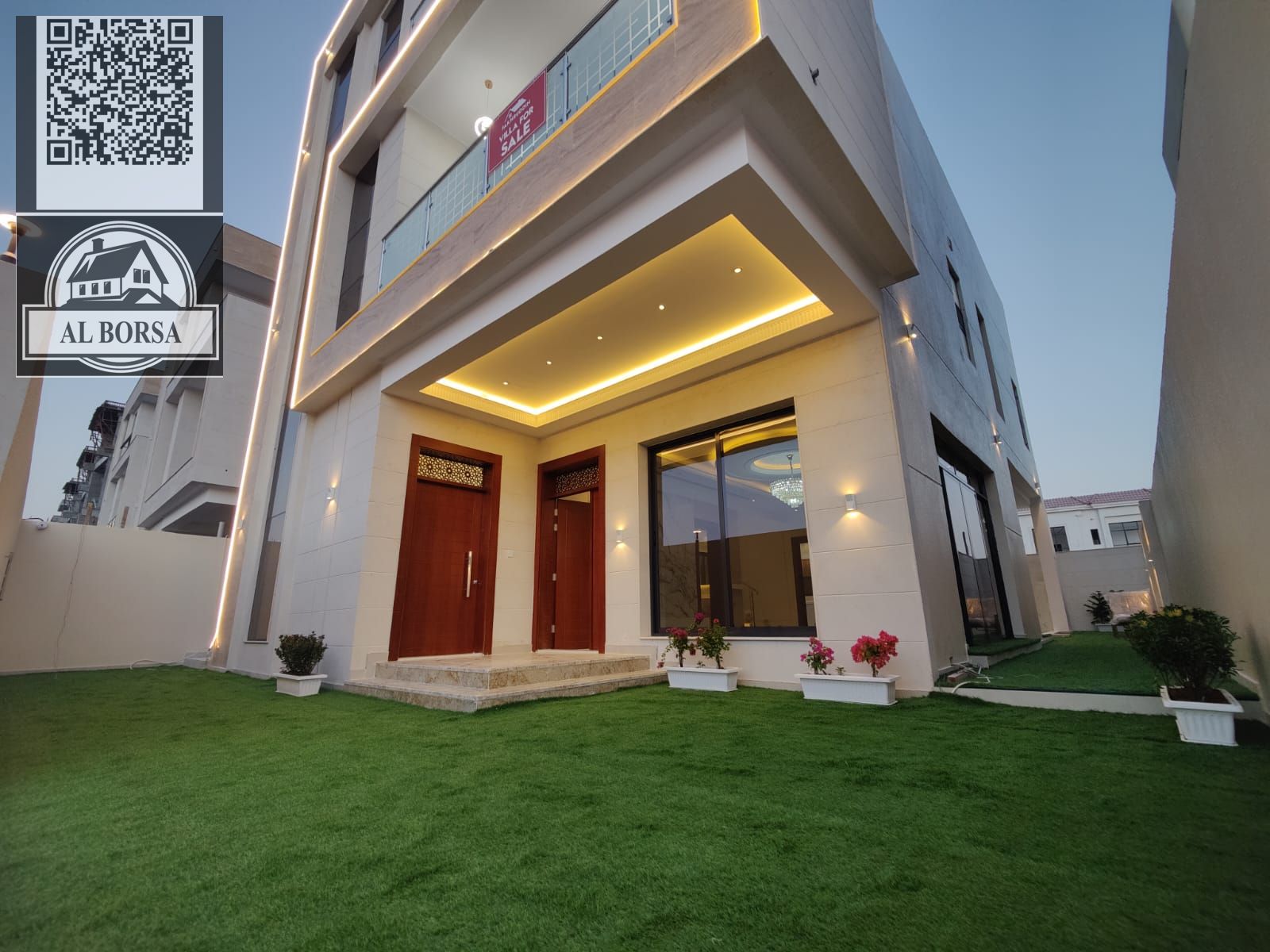 Luxury villa for rent in Al Yasmin – Ajman, 3 floors, 6 bedrooms + roof + swimming pool + large majlis + living room + kitchen