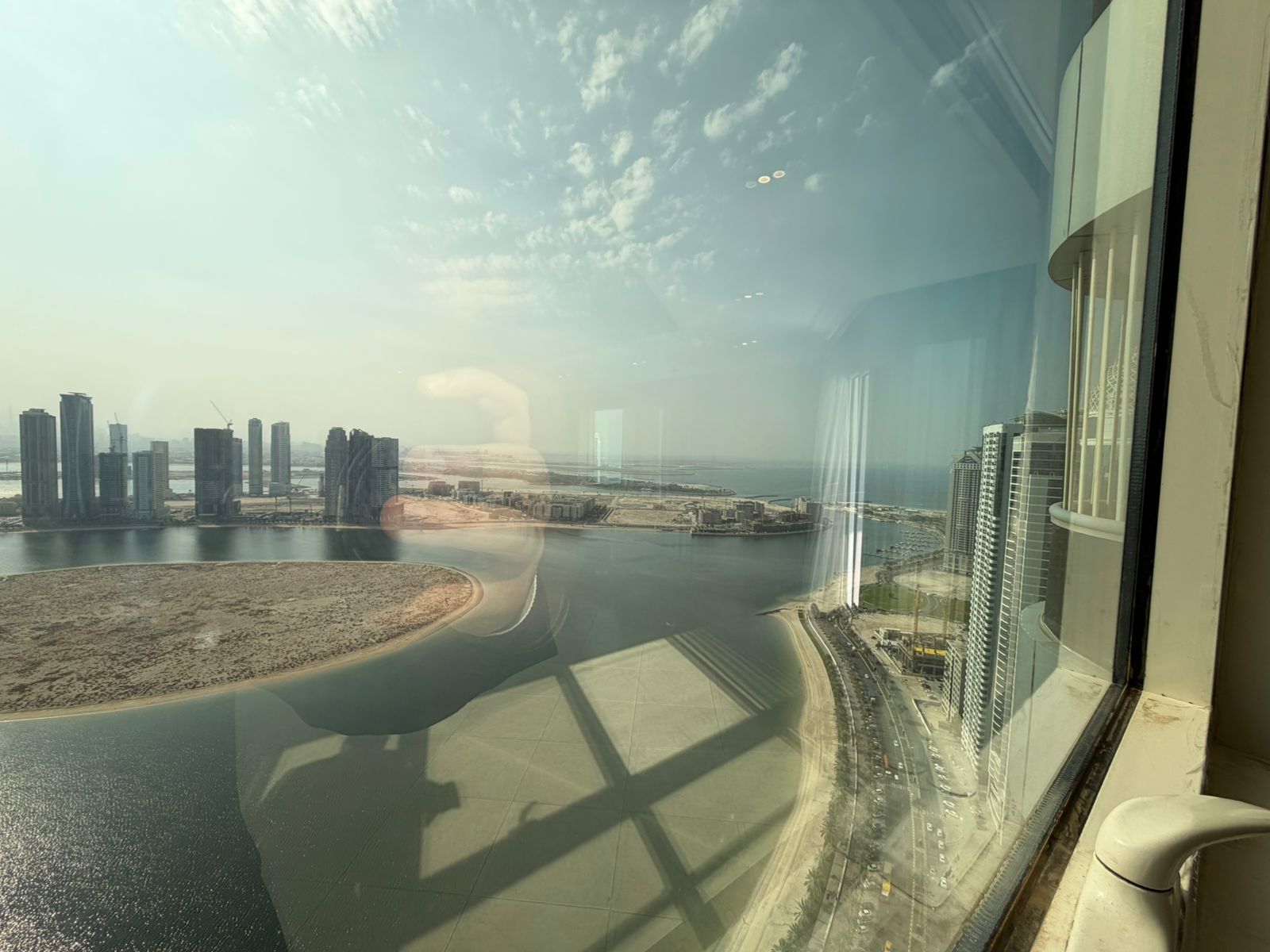 3 bedrooms and a hall with balcony, full sea view for all rooms, maid room, free parking, in one of Sharjah’s top buildings.