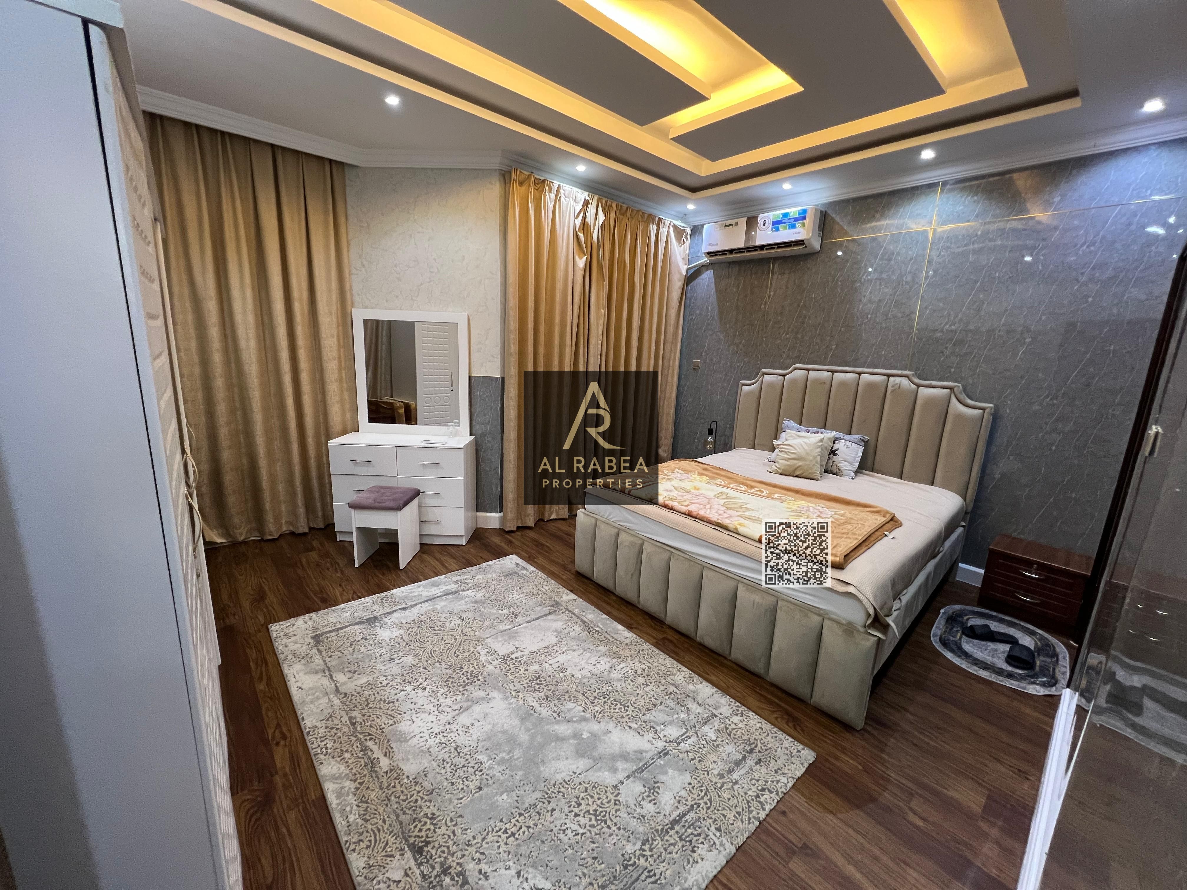 Two bedrooms, a living room, a maid's room, and three bathrooms. Area: 1442 sq ft. High-quality finishing. Sold fully furnished.