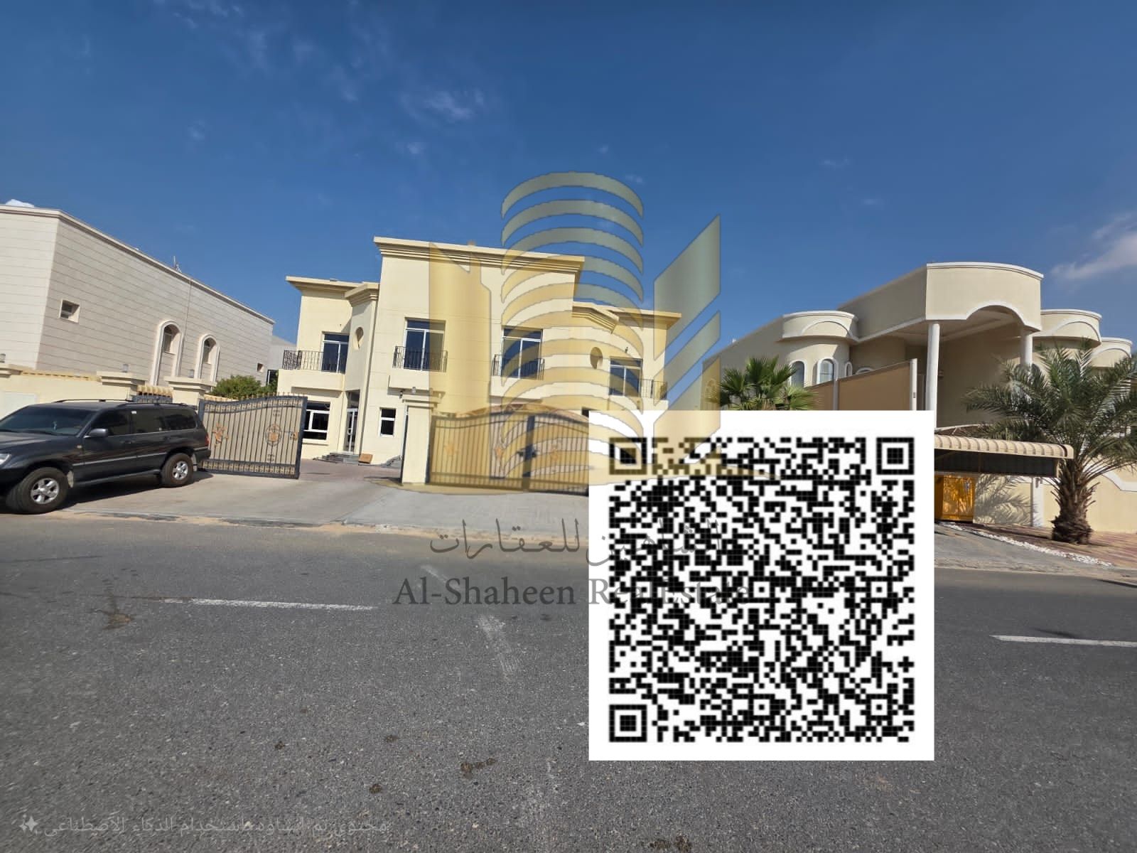 Villa for rent in Al Hooshi area, Sharjah. Central air conditioning. Land area: 10,000 sq ft. The villa consists of: 5 master bedrooms, a majlis (formal sitting room) and a living room with washrooms, a yard, central air conditioning, and parking. The vil