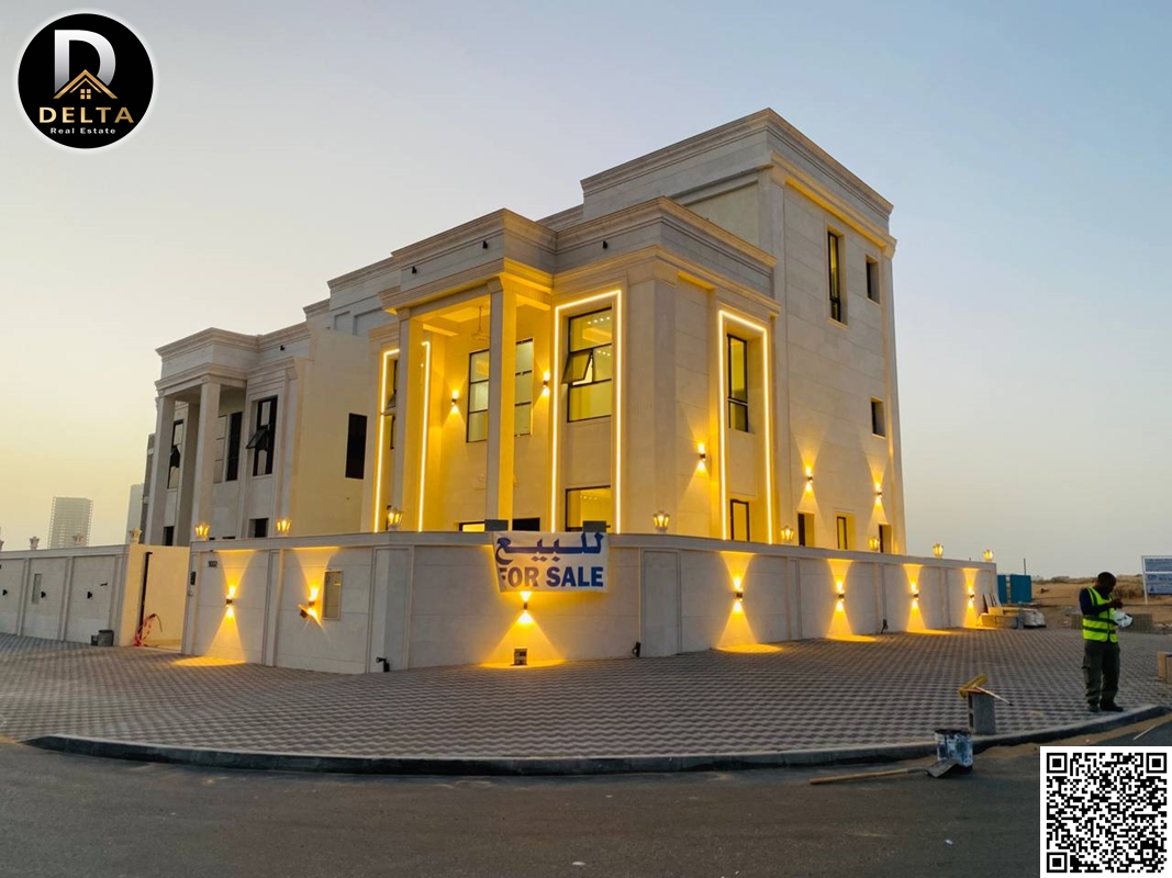 Classic villa for sale in Al Helio 2 area – Ajman. Two floors and a roof. Includes registration and ownership fees. Land area: 3014 sq ft