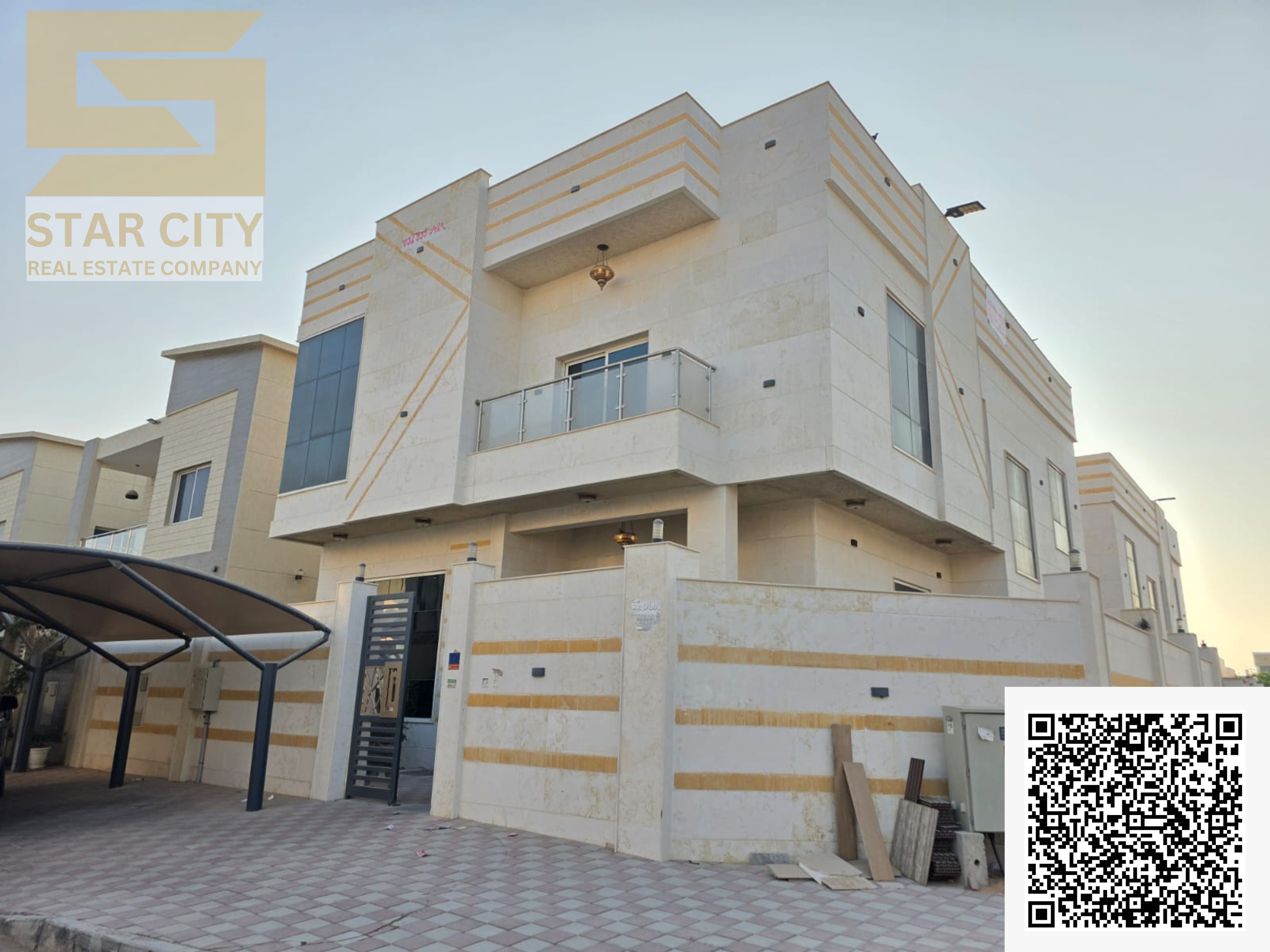 Corner villa on two streets for rent in Al Yasmin, 5 rooms, modern design, very prime location, price 120k