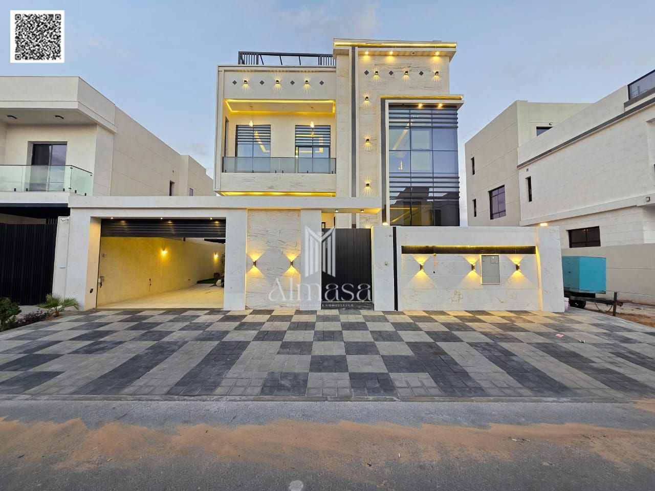 Luxury villa, European design, VIP finishing, two floors with a roof terrace, price includes registration and ownership fees, behind Al Qabail Mall