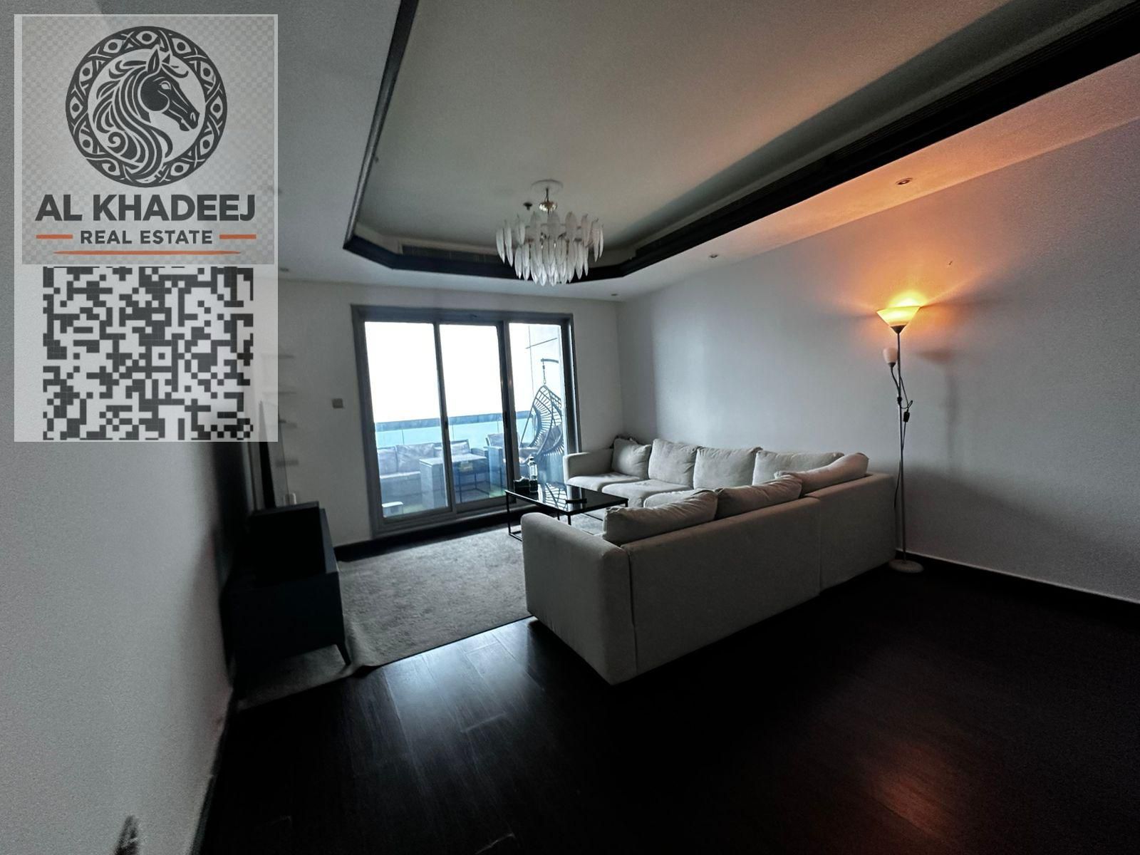 1BR apartment in Ajman Corniche Towers with full sea & city view. 1,336 sq ft, rented 43K yearly. Price AED 680K cash. No parking
