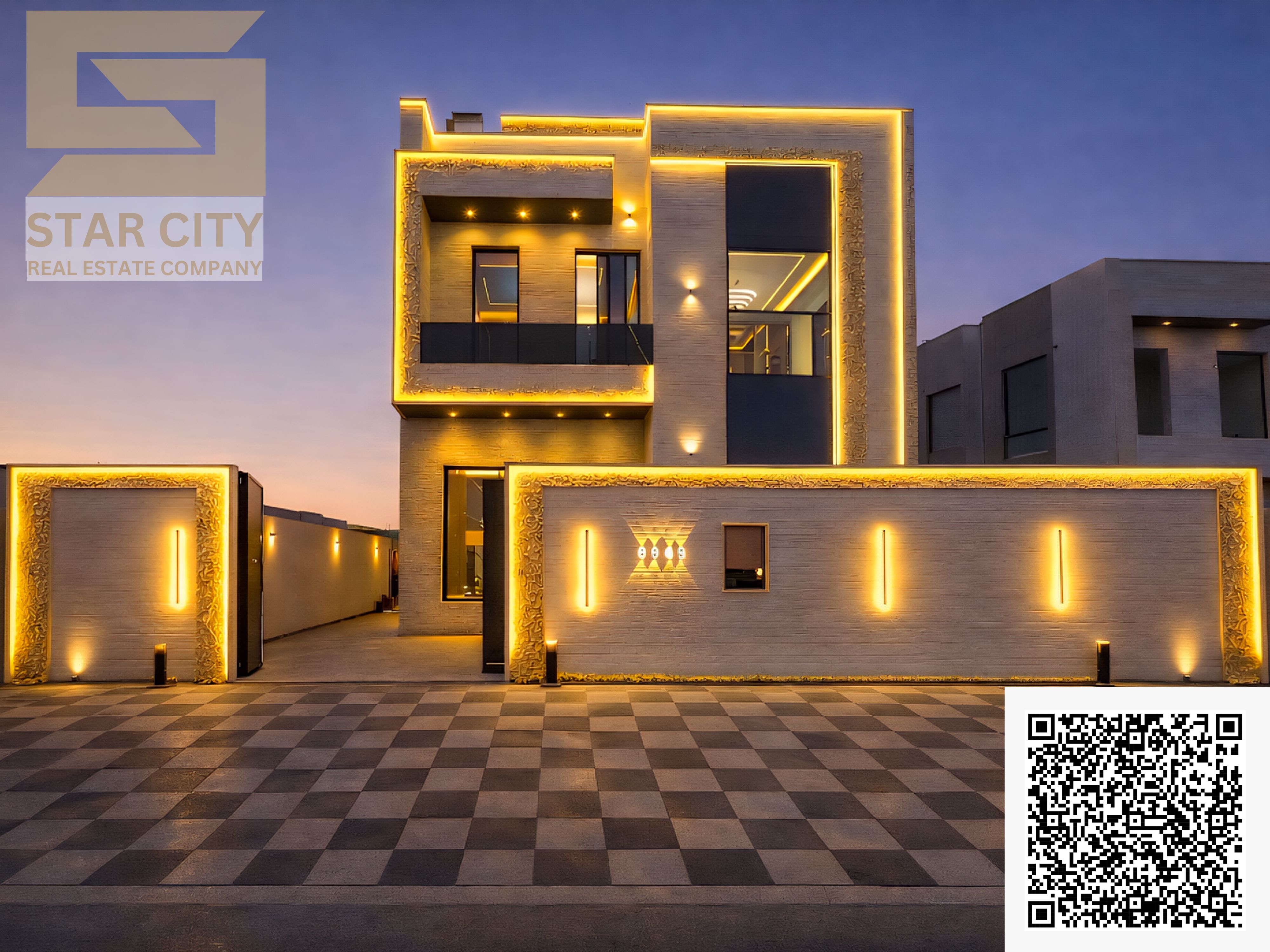 Luxury villa for sale in Al Zahia, Ajman. Modern design, 5 bedrooms, central air conditioning. Price: M1,950 (inclusive of registration and ownership fees).