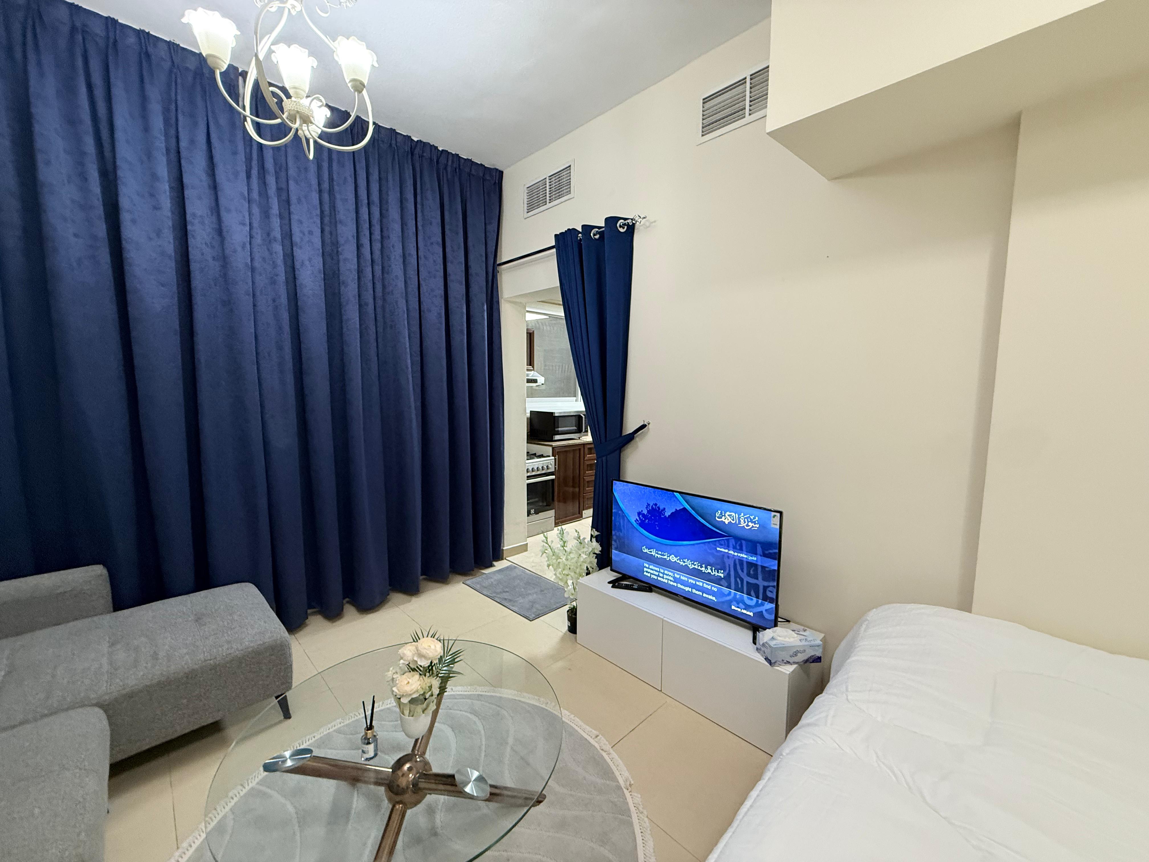 "Spacious furnished studio for monthly rent in Al Yasmeen Towers, Al Jurf 2. Clean, fully furnished, ready to move in