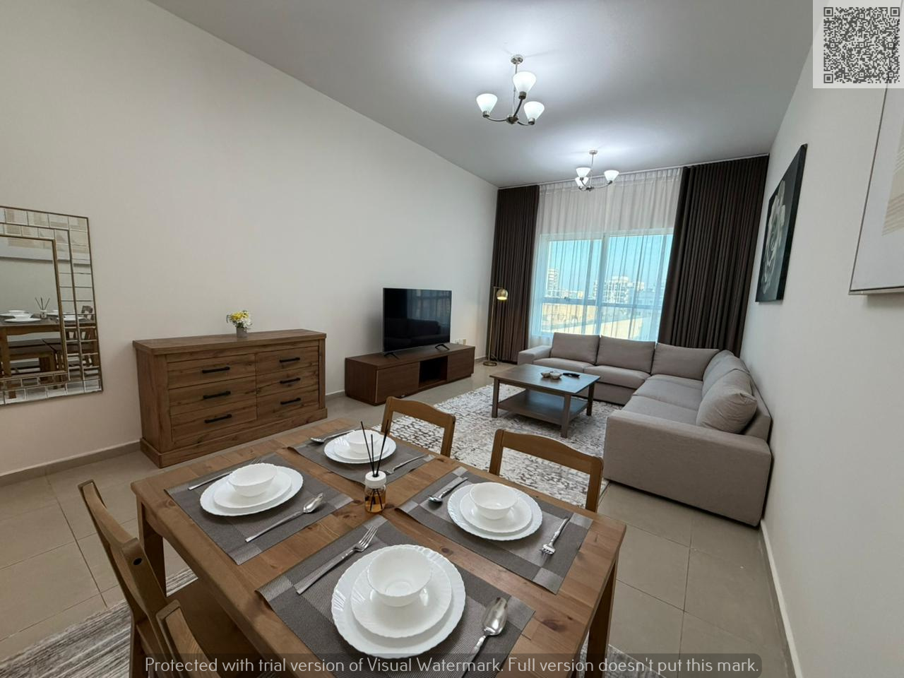 Furnished 2-bedroom apartment for monthly rent on Ajman Corniche, first tenant, sea view, all utilities included.