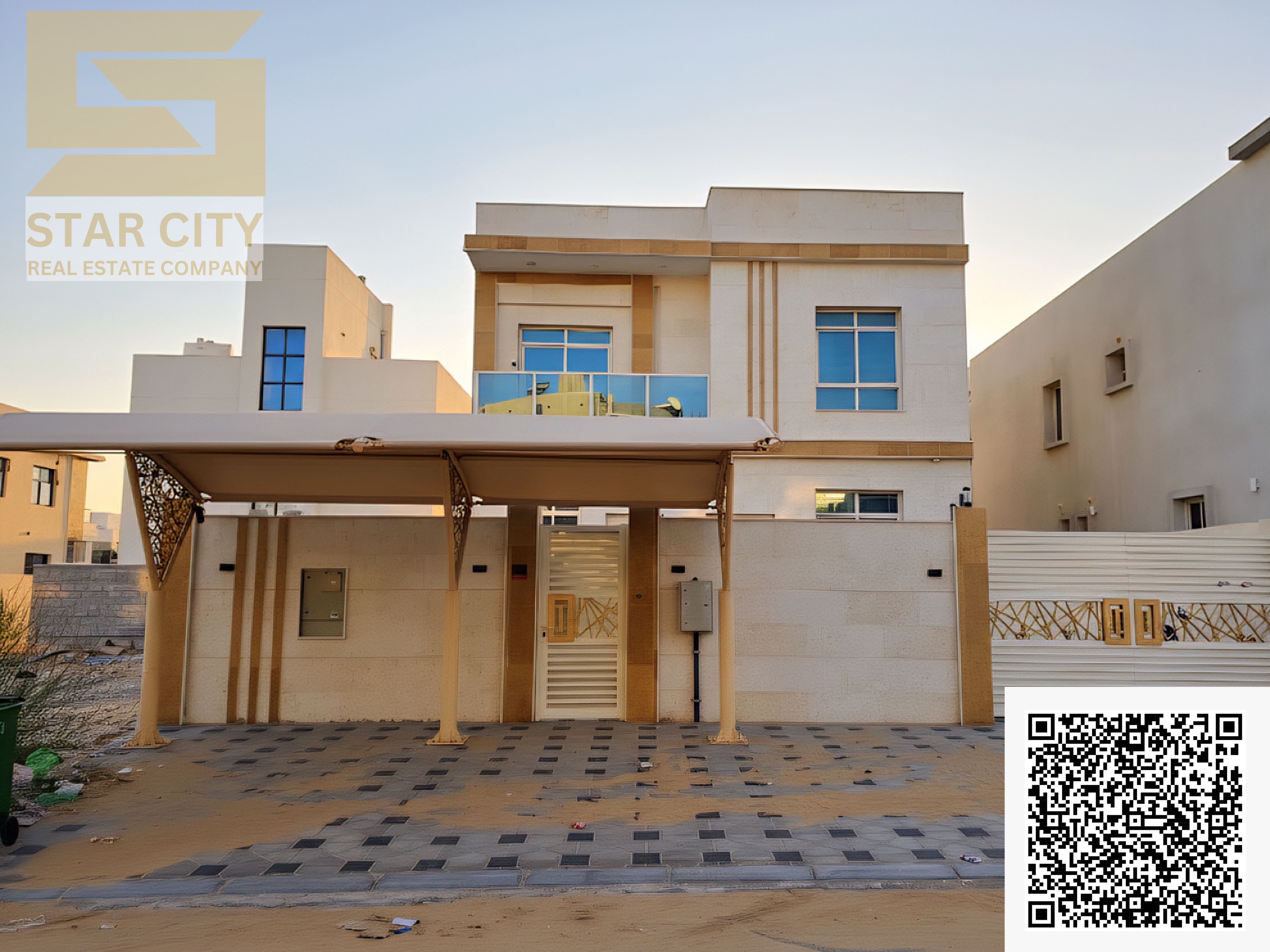 Luxury villa for sale in Al Zahia, Ajman. Modern design, central air conditioning, 3 master bedrooms. Price: 1.4 million (negotiable).