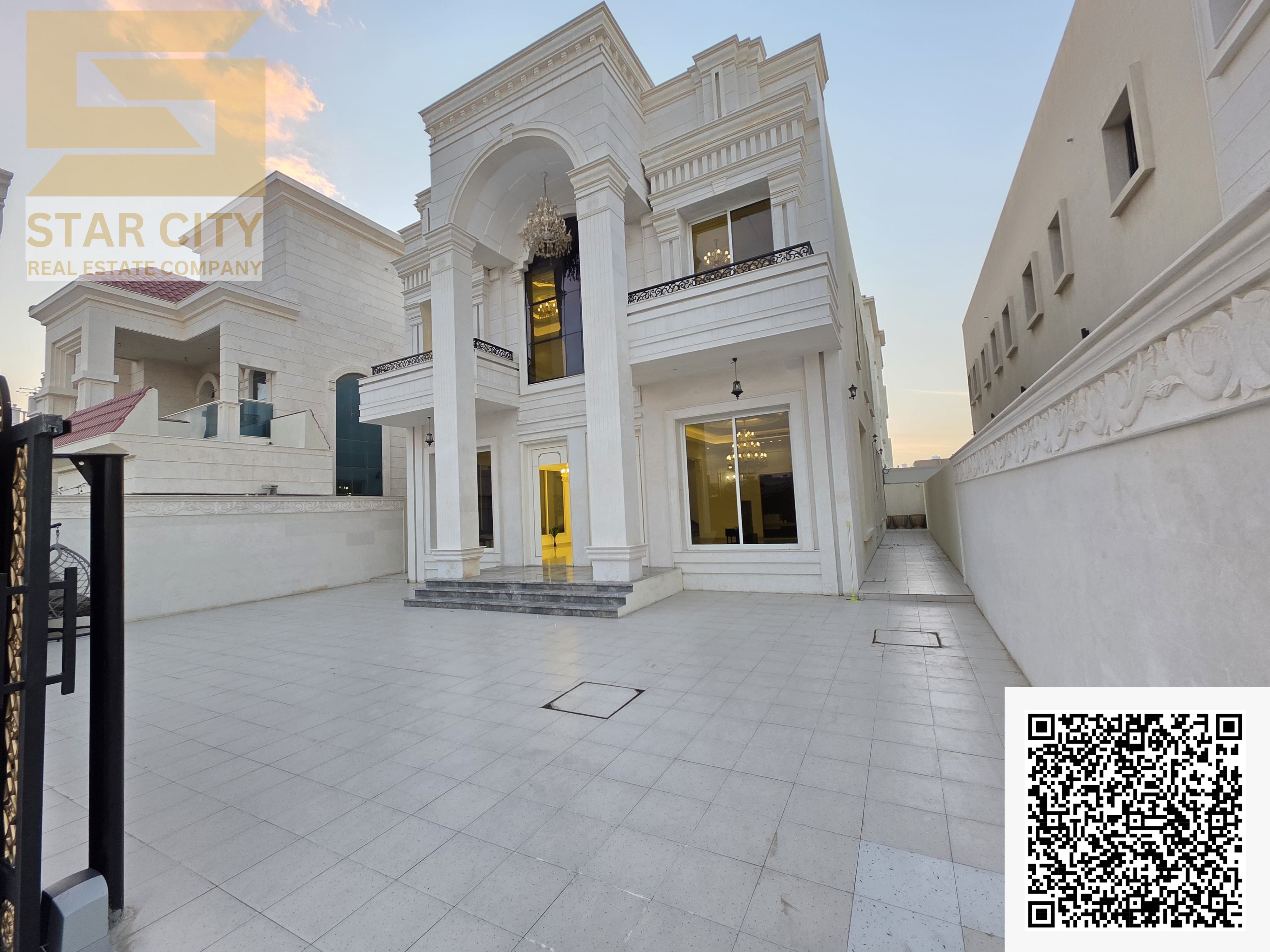 Luxury villa for rent in Al Alia, Ajman. Classic design, 6000 sq ft, 5 master bedrooms. Price: 180k. Prime location.