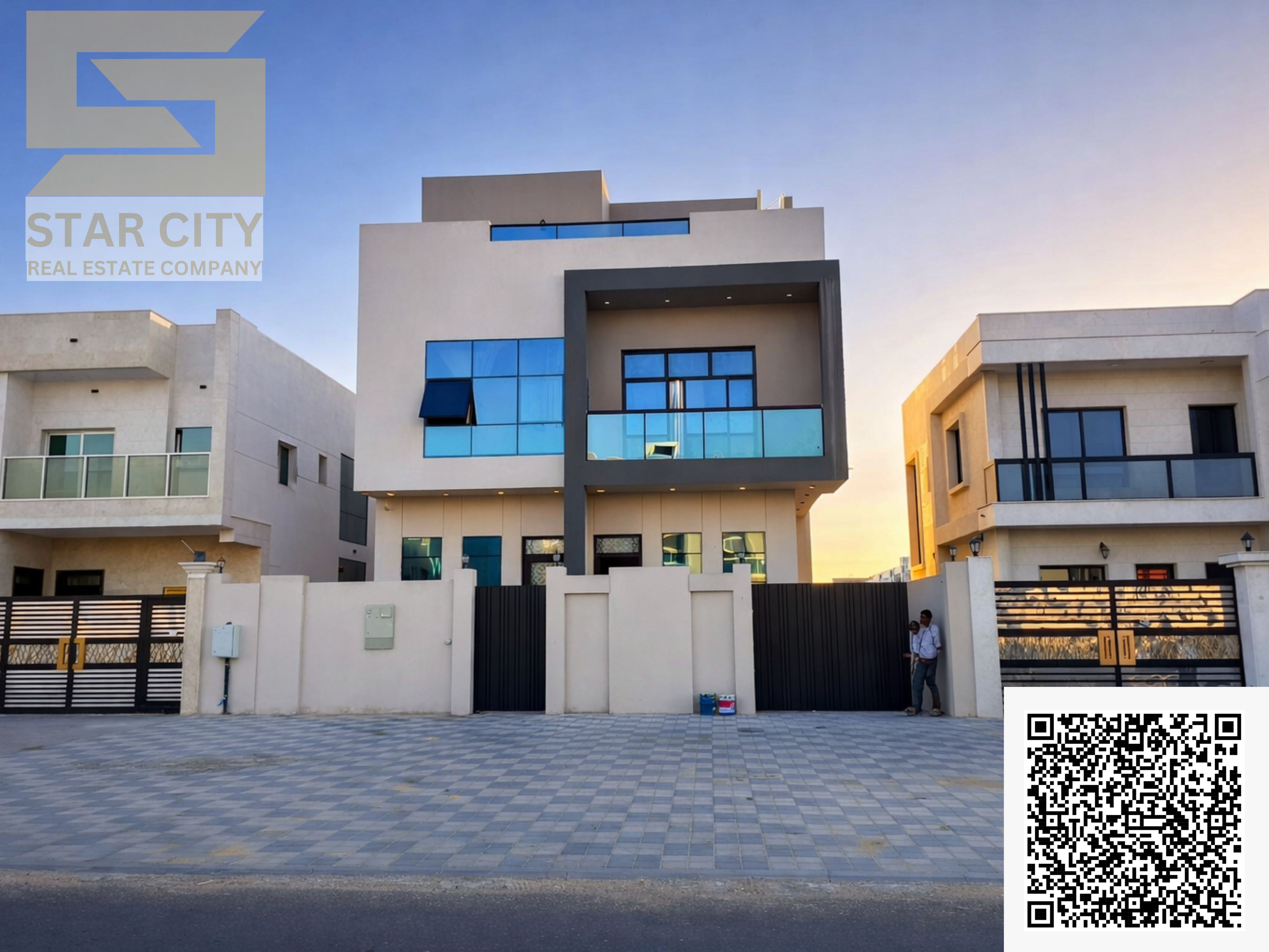 Villa for rent in Al Zahia, Ajman, on the main street. 8 master bedrooms, 3 floors, modern design. Price: 135,000 AED
