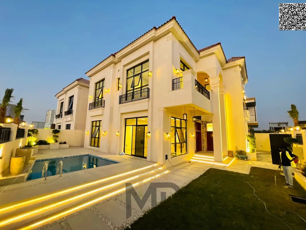 Own your dream villa in the heart of Al Yasmin, Ajman. A luxurious villa with a modern design and an indoor pool. The price includes electricity, wate