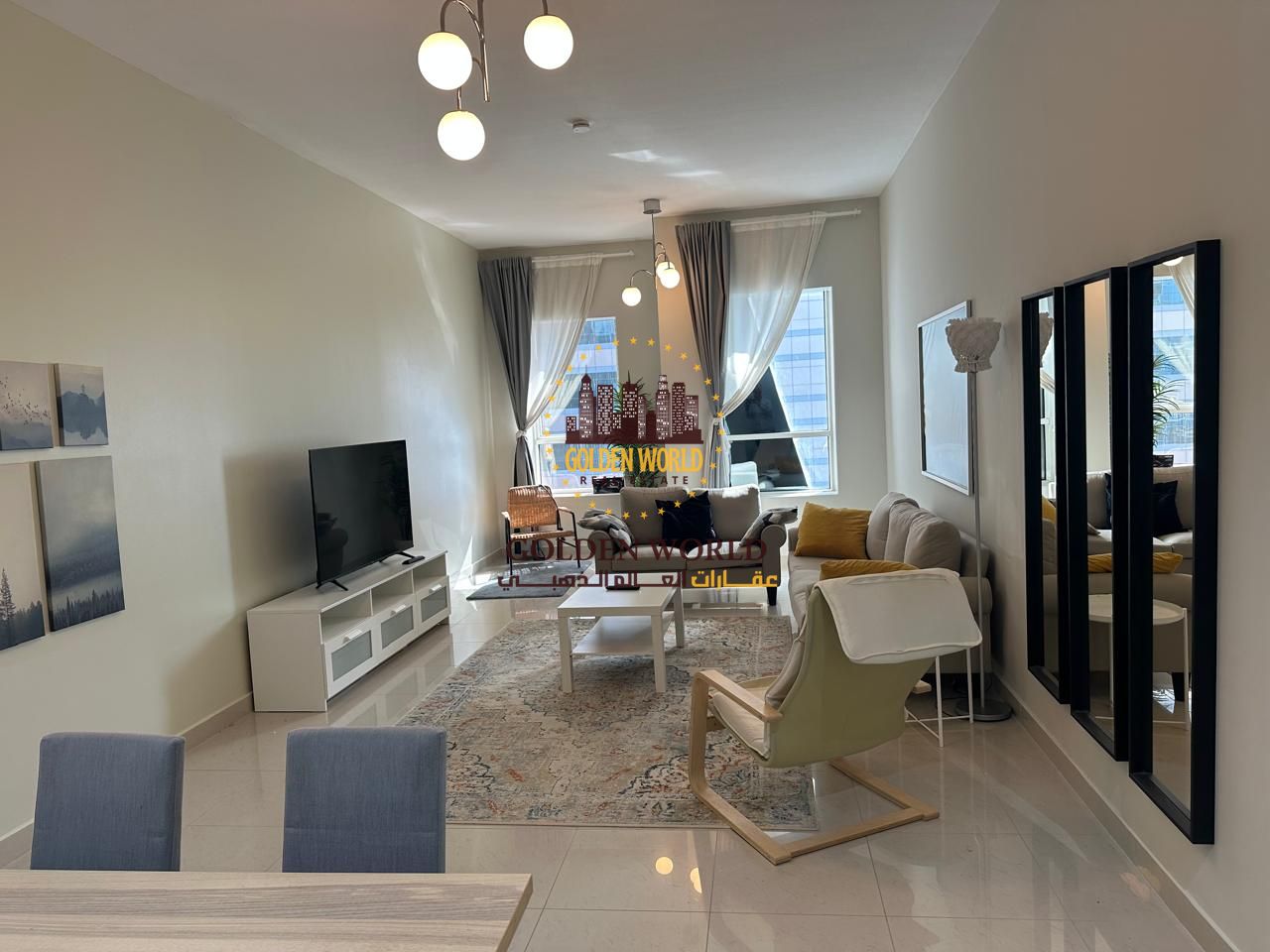 Furnished apartment for rent in Al Khan Al Qasba, 2BR with spacious living room, free AC, smart parking, panoramic & partial sea view, gym, pool, 4 ch