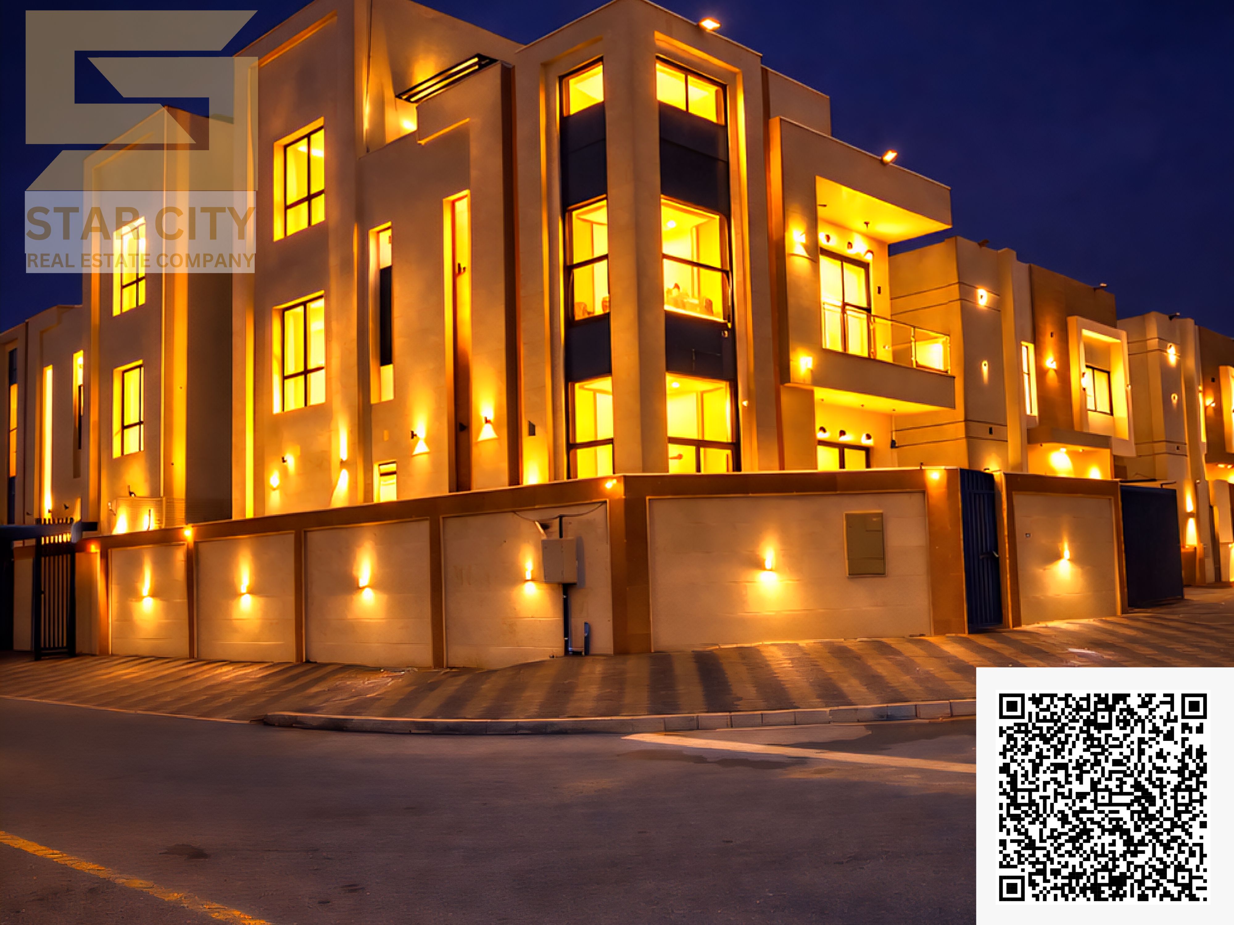Luxury villa for rent in Al Zahia, Ajman. Corner unit, 3 floors with a roof terrace, 4 master bedrooms, modern design. Price: 110,000 AED