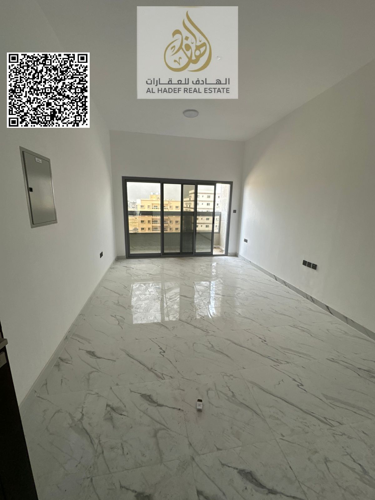 One bedroom, living room, balcony, two bathrooms, and a kitchen; very spacious.