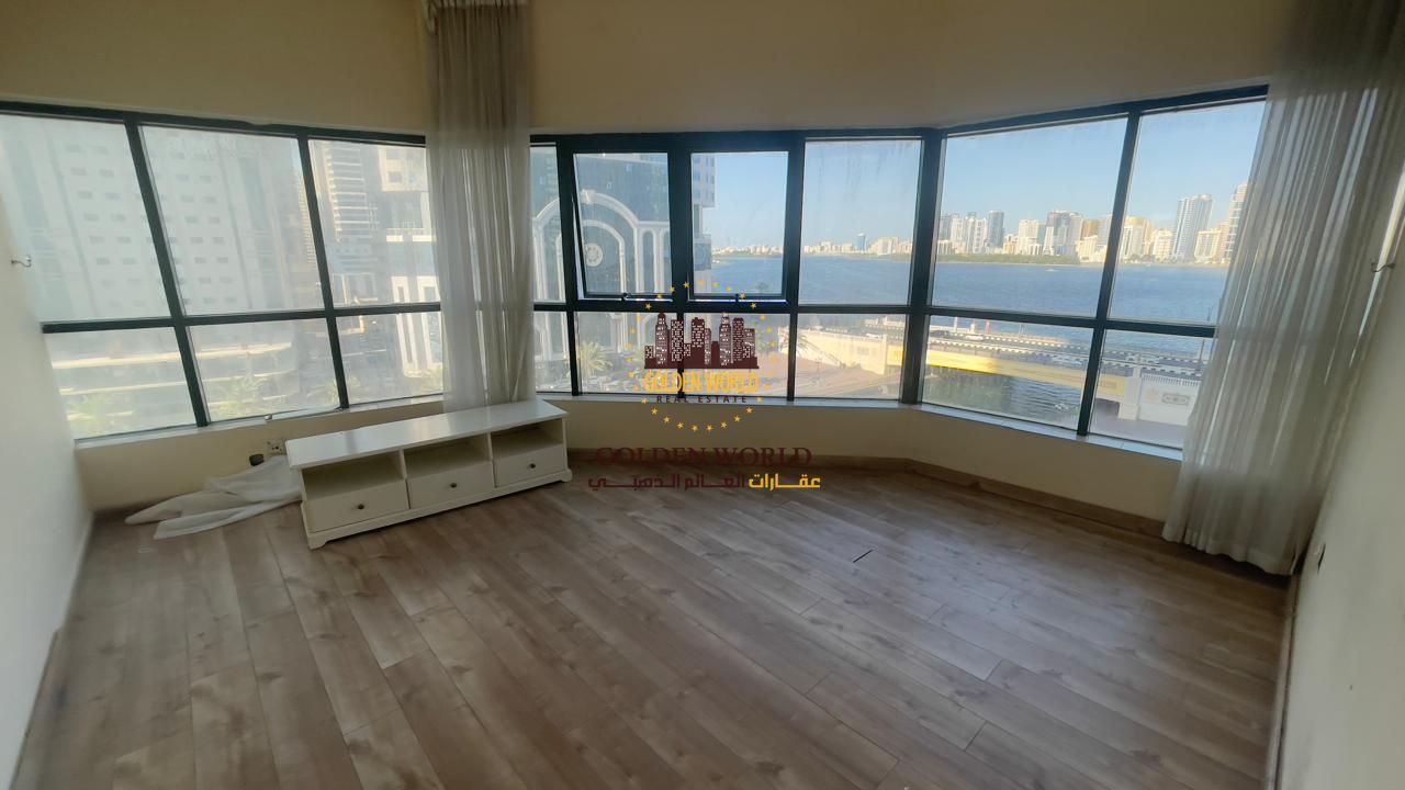 **150 English Characters Ad:** 3BR apartment for rent in Al Majaz, first-time occupancy, full panoramic sea view, 2 bathrooms, built-in closets, AED