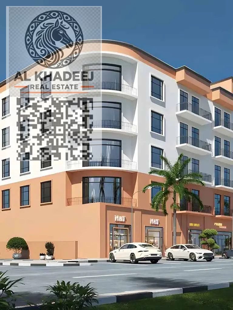 Studio in Kentia, Al Yasmeen Ajman, modern design, direct on MBZ Road. Price 322,785 AED, down payment 100,260 and monthly installment 4,635