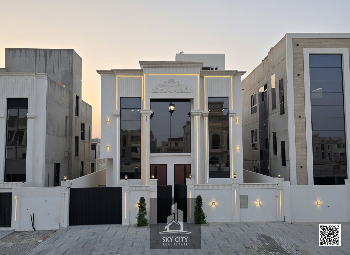 Own a hotel villa in the heart of Ajman, Al Helio 2 area, super deluxe finishing, 5 rooms, 3 floors, central air conditioning, freehold ownership, and the price includes registration fees.