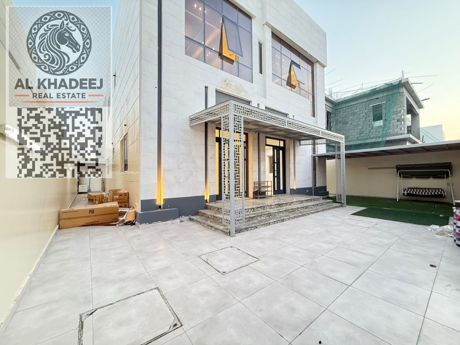New villa in Al Zahya for rent, 4 master rooms, 5 baths, jacuzzi, hall, majlis, storage, fully equipped kitchen. Annual rent AED 95,000 with 4 cheques