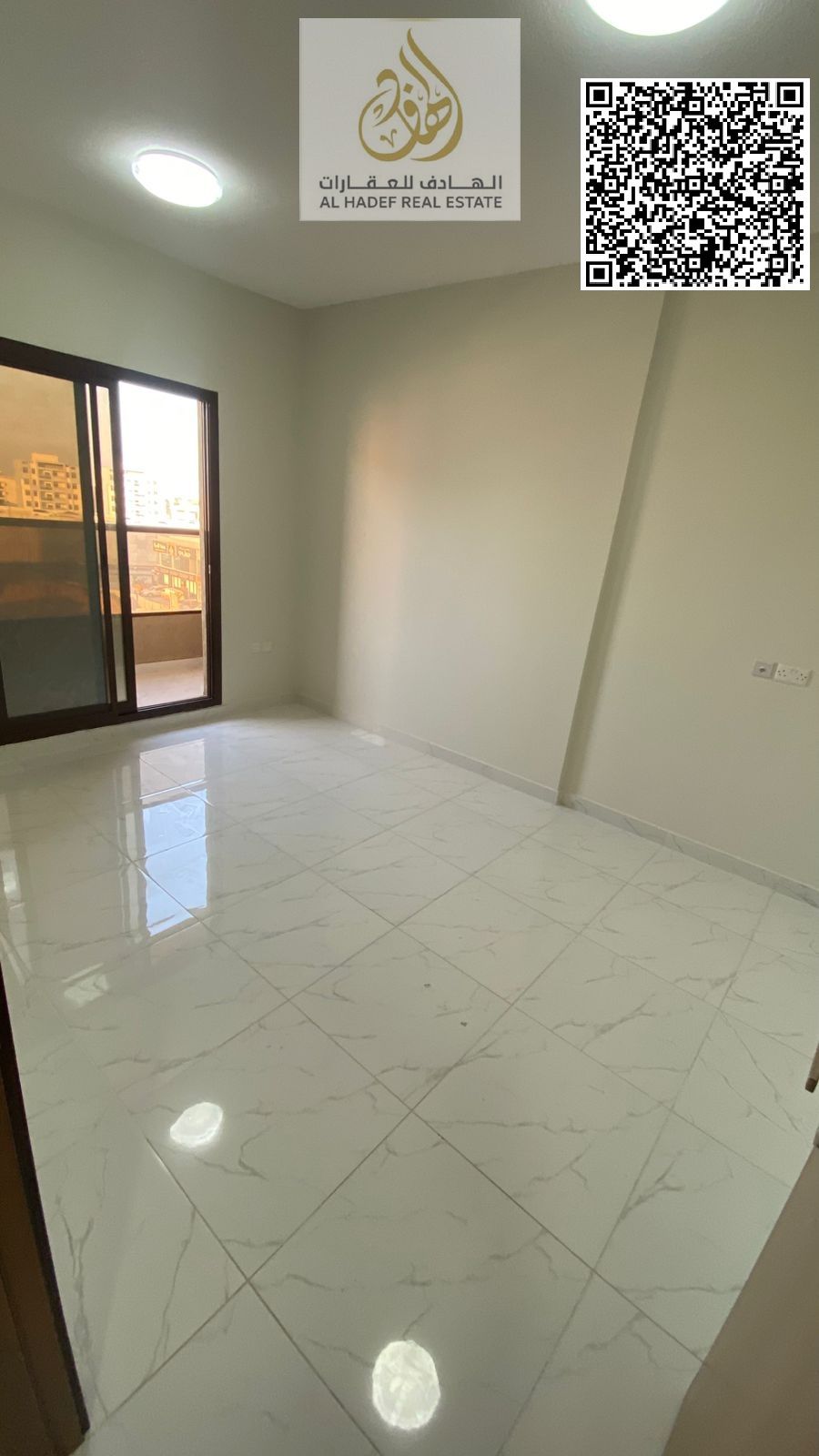 One bedroom, living room, balcony, two bathrooms, kitchen with cupboards, and central gas.