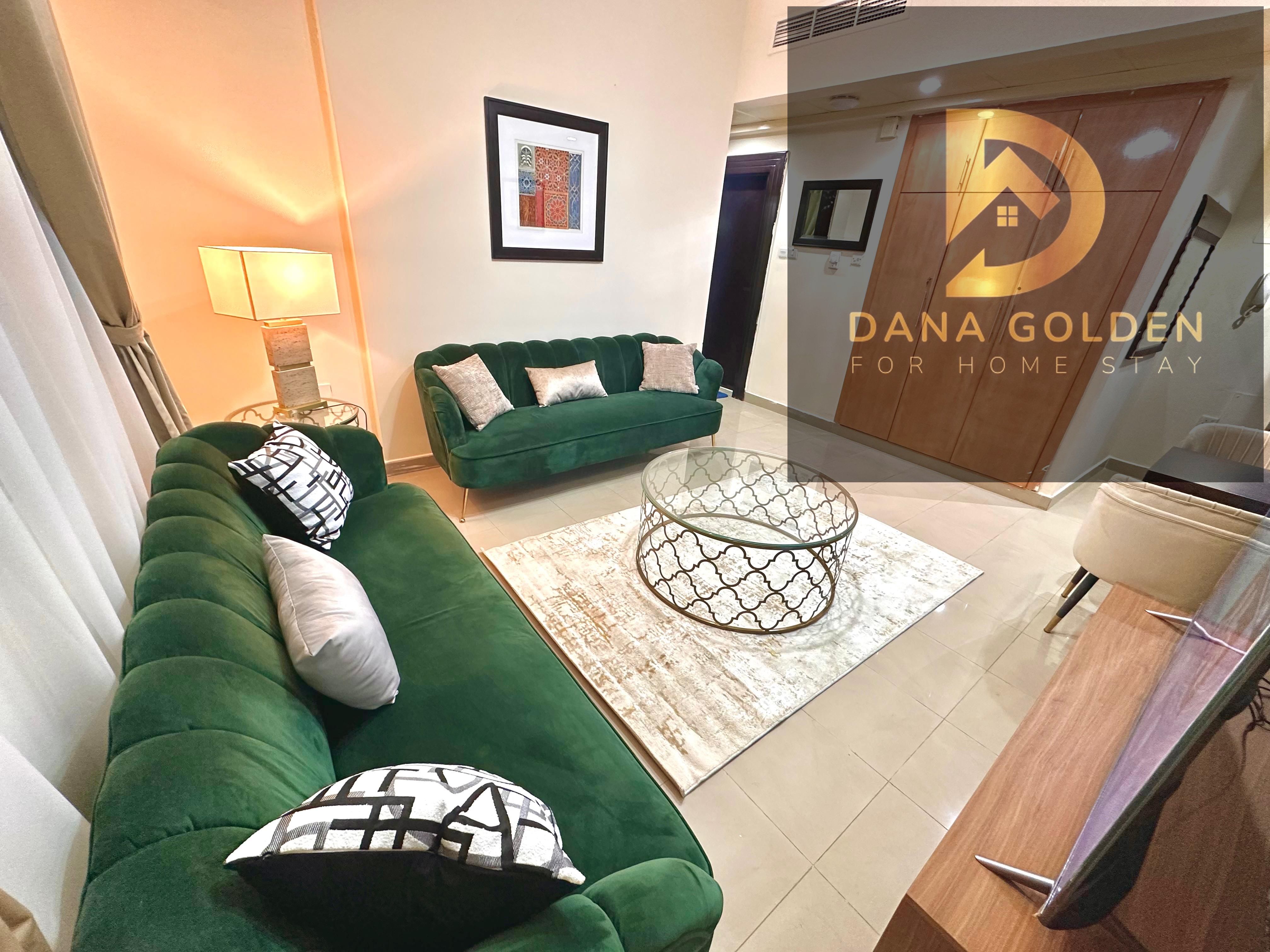 One bedroom, living room, and balcony with a beautiful garden view. Furnished with hotel-style furniture. First occupancy.