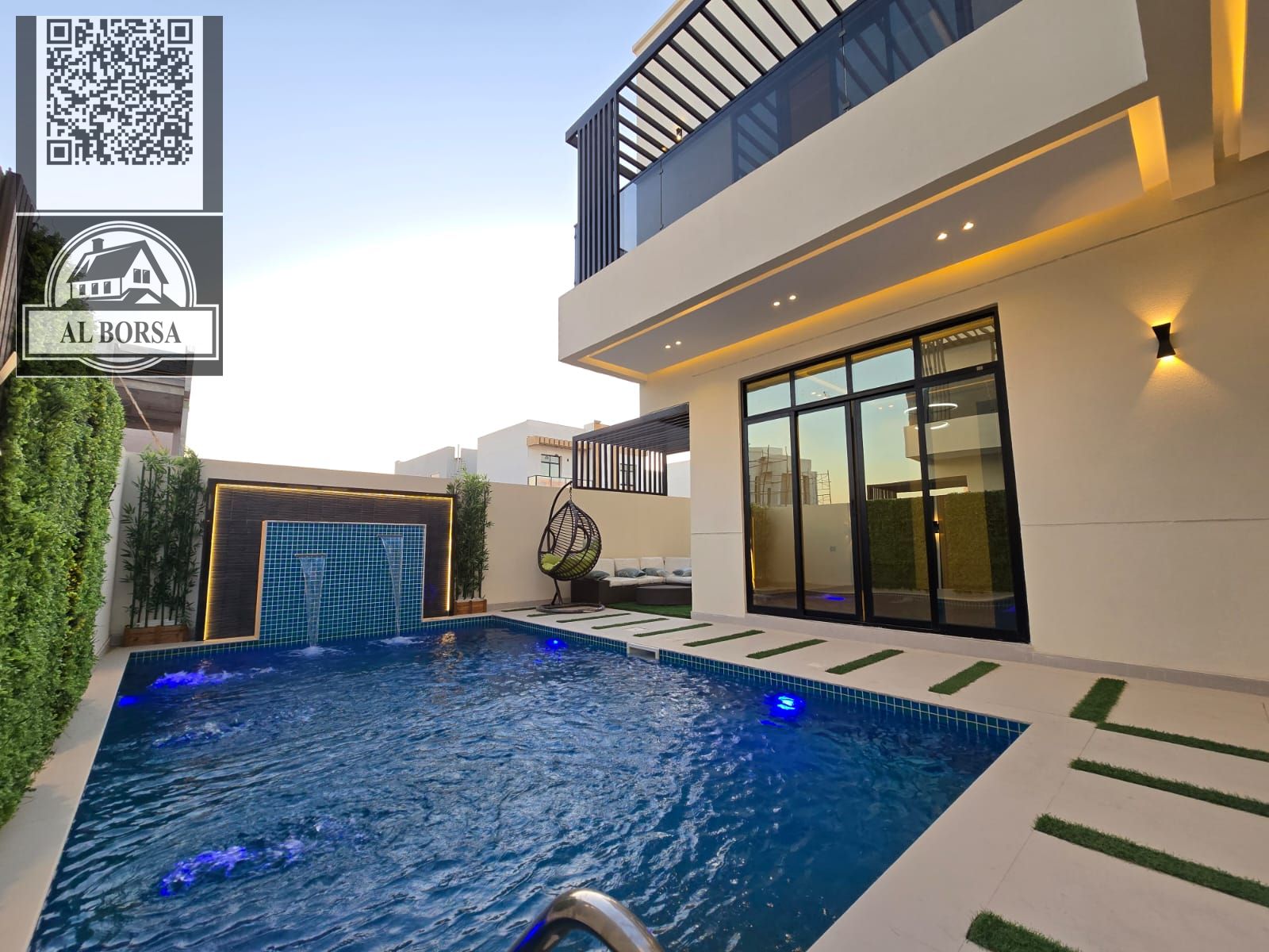Villa for rent – Al Bahia, Ajman | Modern | 5 bedrooms + 2 living rooms + Majlis + Large kitchen + Yard + Swimming pool | Area 4,900 ft² | Annual
