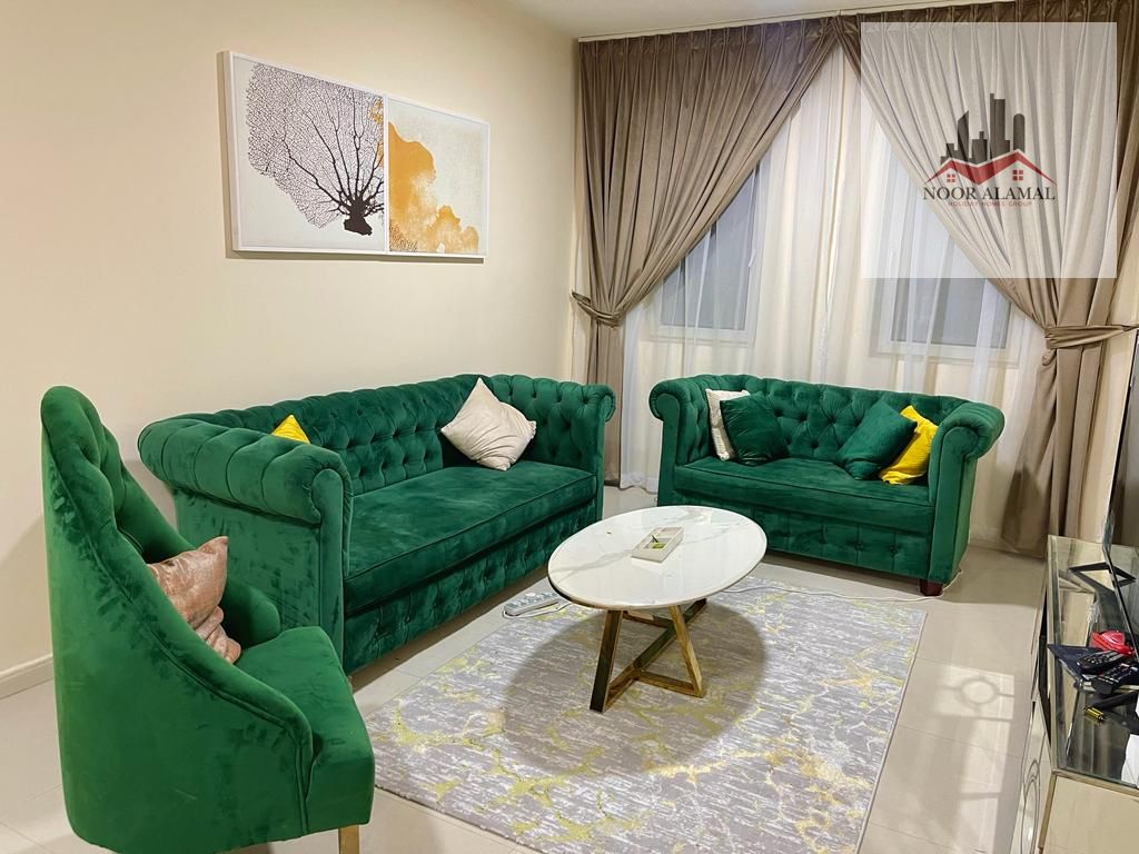 Sharjah, Al Majaz 3 One bedroom, living room, kitchen, two bathrooms, and balcony. Price: 4500 AED including internet only. Located near Al Safiya Par
