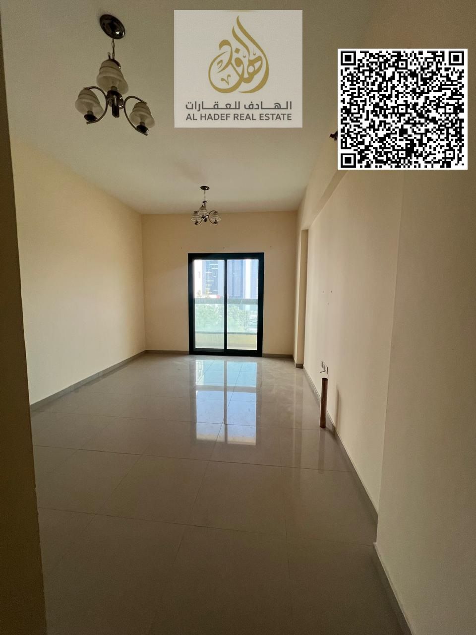One bedroom, living room, balcony, two bathrooms, kitchen, and wardrobe.