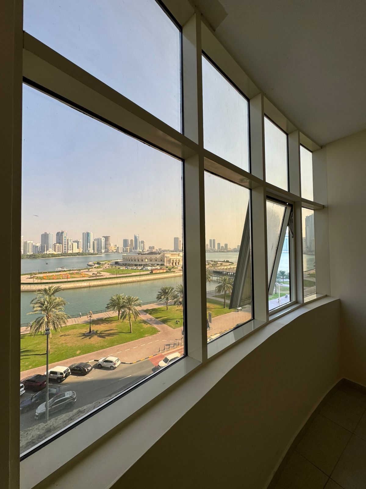 For annual rent in Sharjah, specifically in Al Majaz 3 area: two bedrooms, a living room, central air conditioning, and an excellent size.