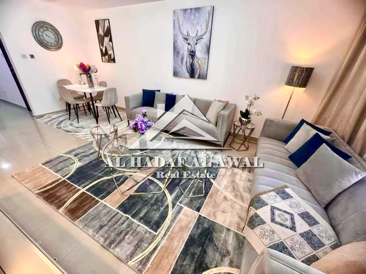 One bedroom and living room, large area, balcony, view, fully furnished, first occupancy, VIP, two bathrooms. Rent 7000 AED including internet only
