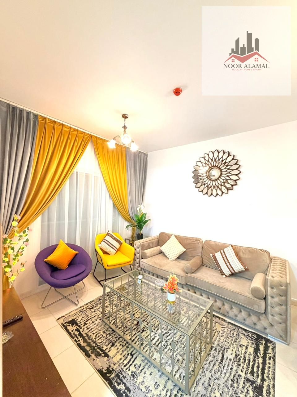 Sharjah, Muwaileh, fully furnished apartment with hotel-style furnishings, first occupancy. One bedroom, living room, kitchen, bathroom, and balcony.