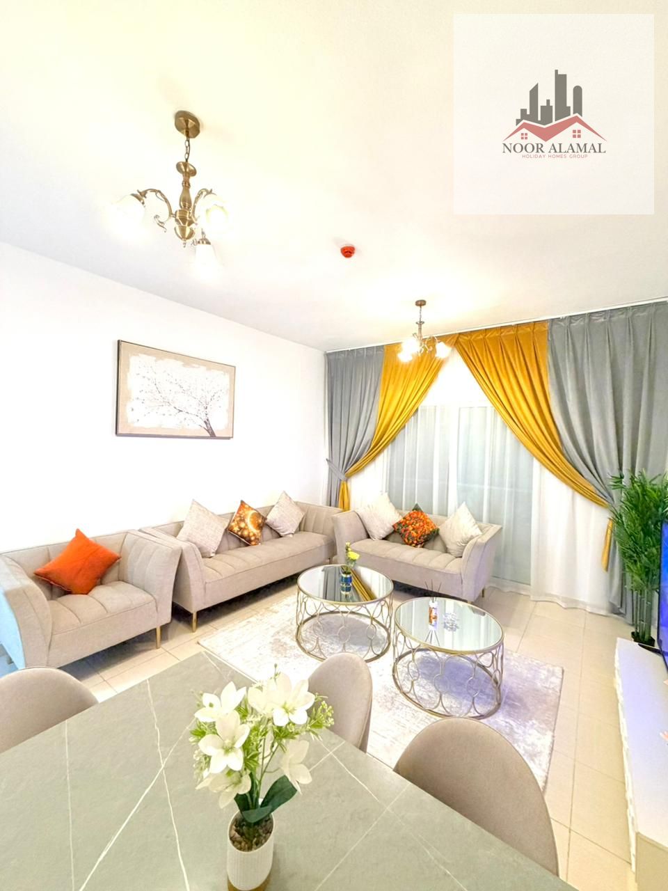 Sharjah, Muwaileh, fully furnished apartment with hotel-style furnishings, first occupancy. One bedroom, living room, kitchen, bathroom, and balcony.