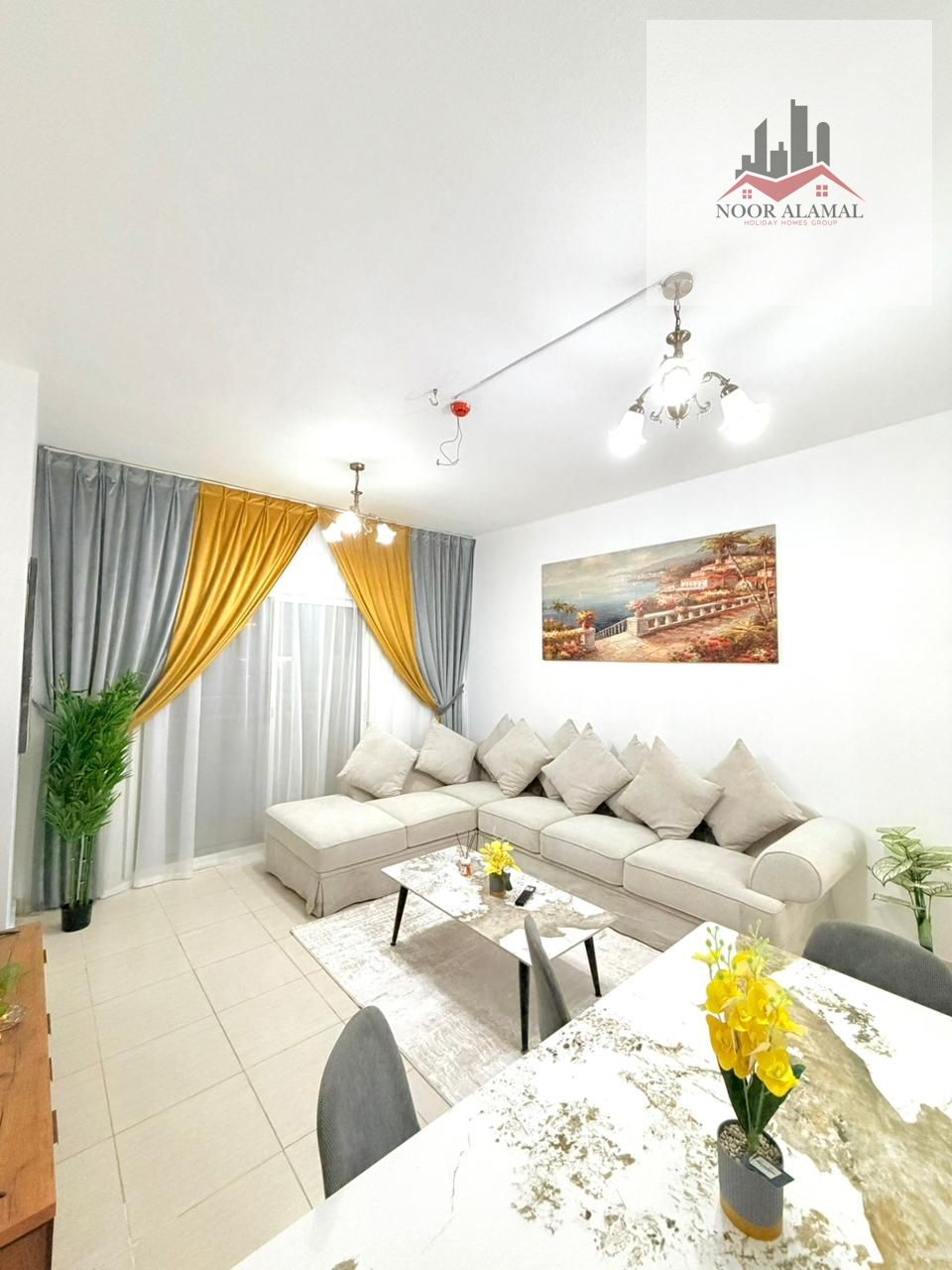Sharjah, Muwaileh, fully furnished apartment with hotel-style furnishings, first occupancy. One bedroom, living room, kitchen, bathroom, and balcony.
