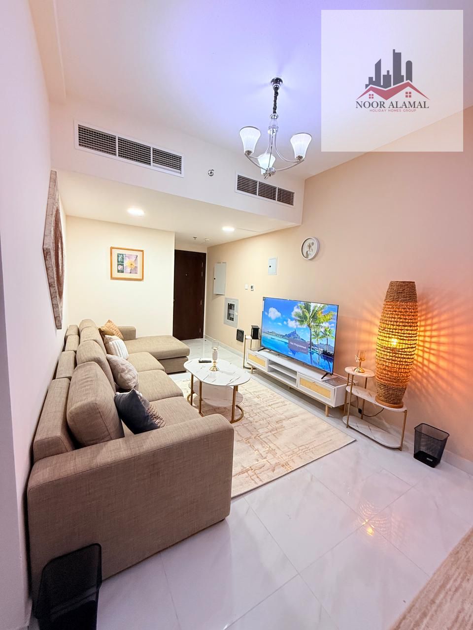 Sharjah, Al Taawun Building, first occupancy, furnished apartment with hotel-style furnishings, two bedrooms, living room, kitchen, two bathrooms, and
