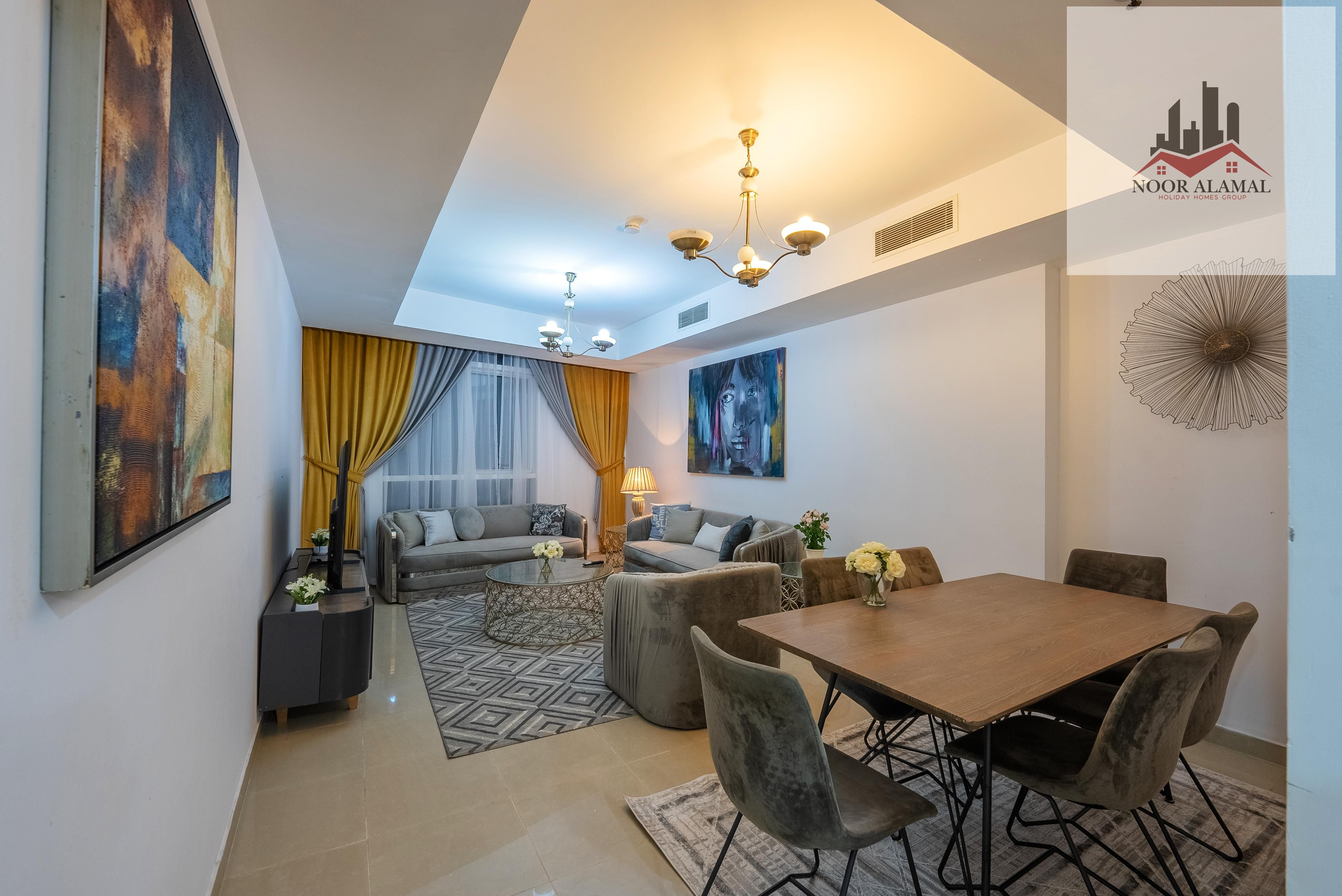 Sharjah Al Taawun, two rooms, a hall, a kitchen, two bathrooms, a balcony, a second resident, a lake view, the price is 8,500, including internet and