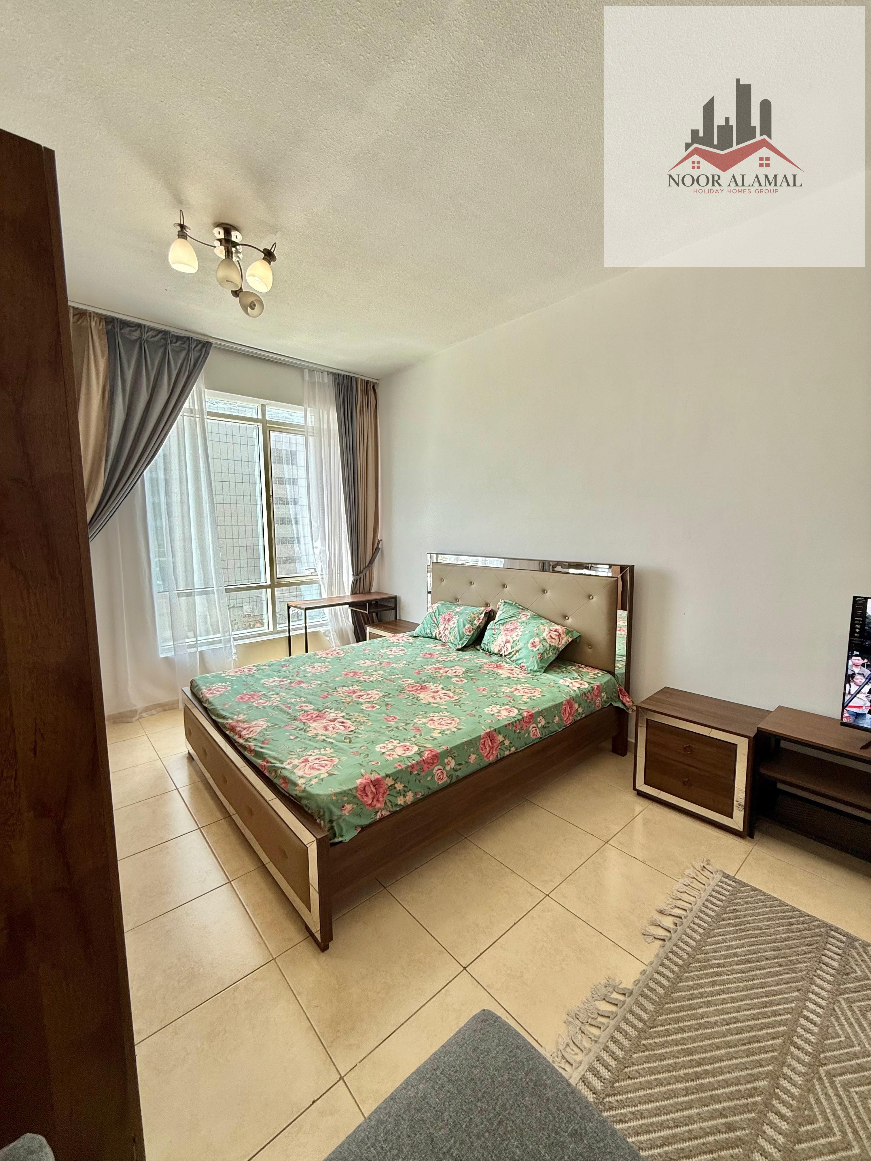 Sharjah, Al Khan, furnished studio apartment with hotel-style furnishings, second occupancy, spacious room, separate kitchen, bathroom