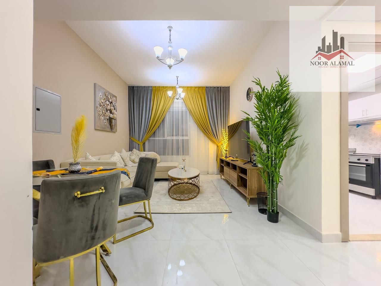 Sharjah, Al Taawun area: One bedroom, living room, kitchen, two bathrooms, and balcony. Price: 6000 AED including internet and parking.