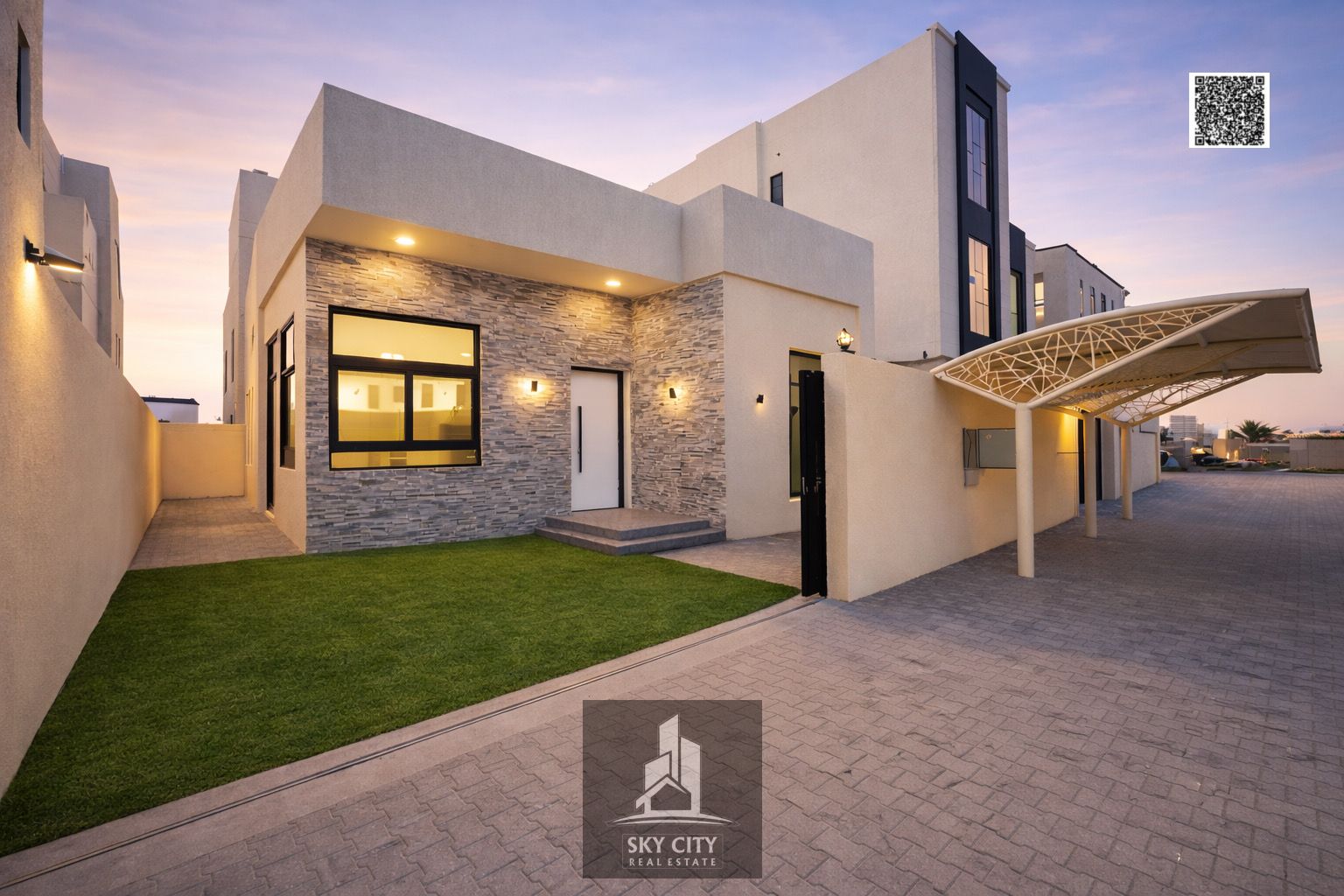 Luxury villa for sale in Al Bahia, Ajman. Elegantly designed villa with an area of 3014 sq ft, priced at AED 1,280,000. Includes air conditioning. Freehold ownership available to all nationalities.