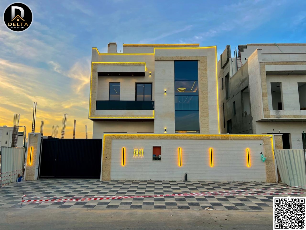 Villa for sale in Al Zahiyah area – Ajman. Excellent location. Two floors and a roof. Registration fees included. Land area: 3014 sq ft.
