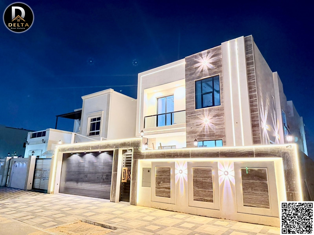 Modern villa for sale in Al Zahiyah area – Ajman. Excellent location opposite a mosque. Two floors. Land area: 3014 sq ft.
