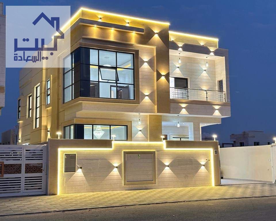 Modern villa for rent in Al Yasmeen, Ajman. Two floors, 5 master bedrooms, hall + majlis, family-friendly spacious areas, near Sheikh Mohammed Bin Zay