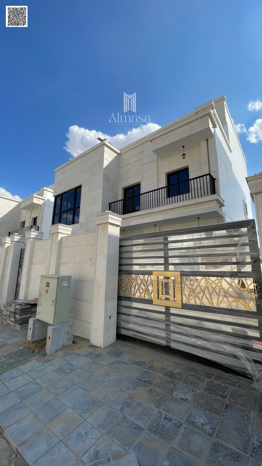 Luxury Corner Villa for Sale in Al Zahya Ajman featuring elegant stone façade, spacious modern design, prime main road location, high-quality finishes