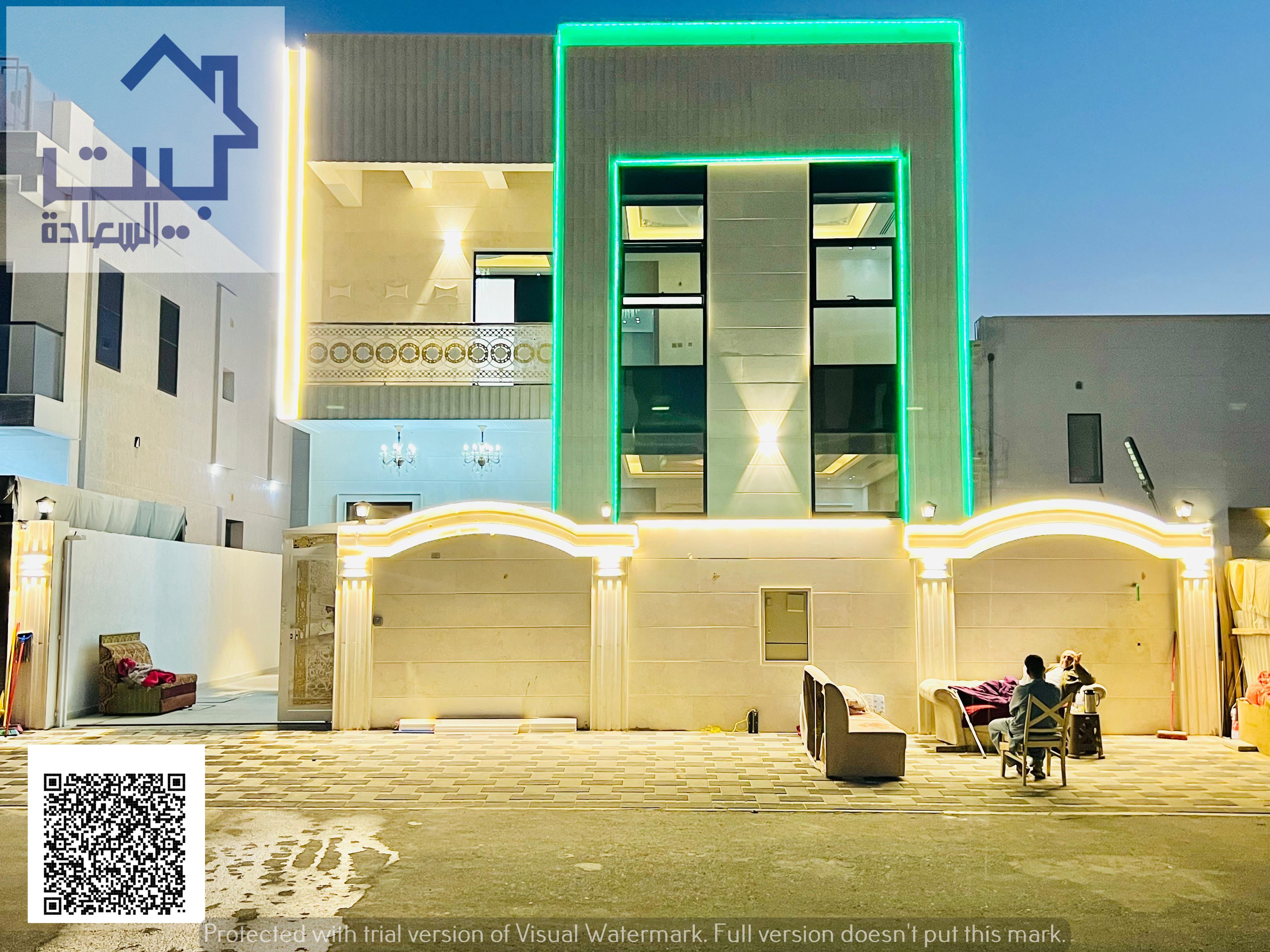 Villa for sale in Al Yasmin area. Features include: front parking, spacious courtyard, two floors (ground and first), land area 3014 sq ft,