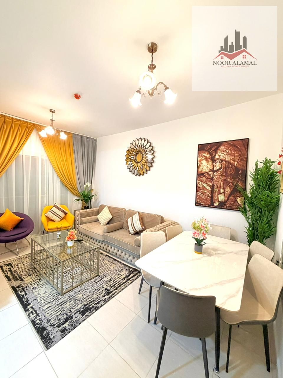 Sharjah, Muwaileh, fully furnished apartment with hotel-style furnishings, first occupancy. One bedroom, living room, kitchen, bathroom, and balcony.