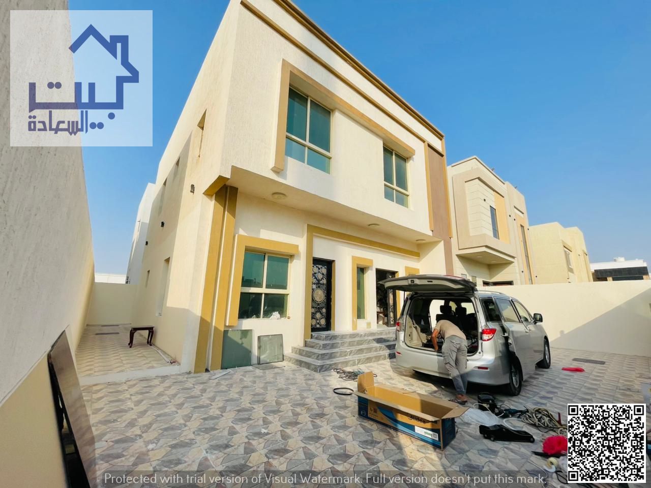 Villa for rent in Al Zahia area, consisting of two floors: Ground floor and first floor: Majlis and living room, 5 master bedrooms, 7 bathrooms
