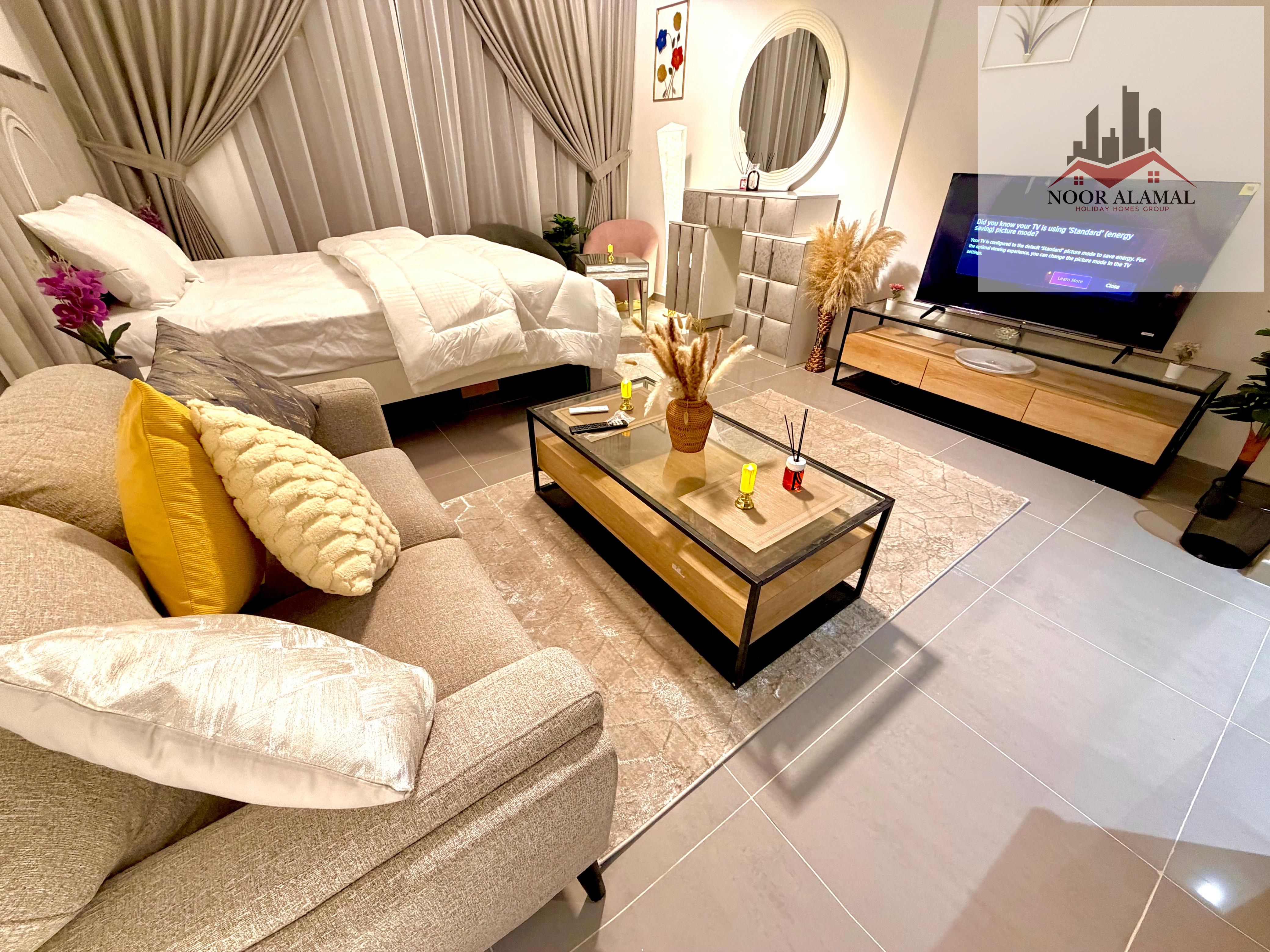 Sharjah Uptown Al Zahia Studio, first occupancy, fully furnished with super deluxe hotel-style furniture