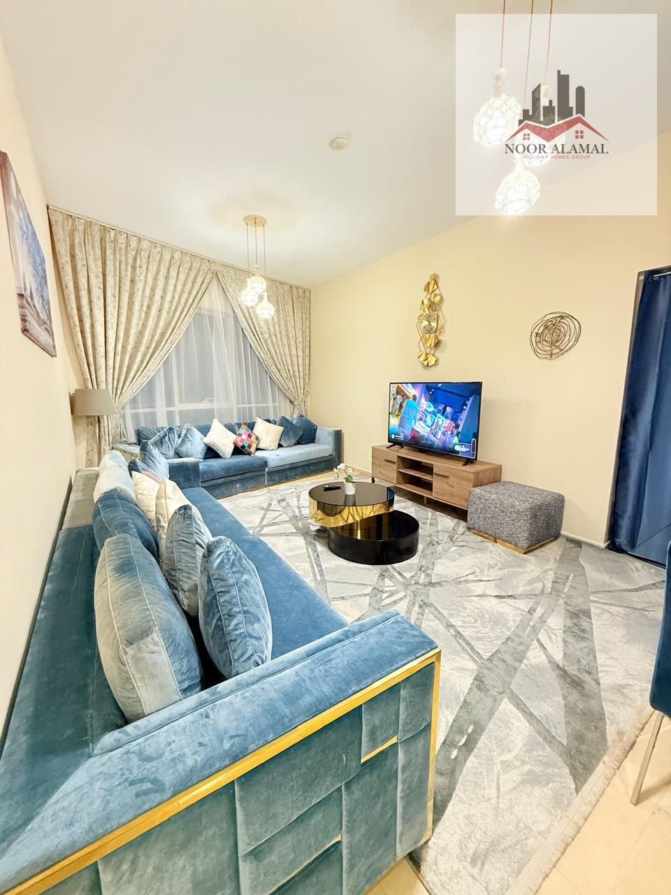Sharjah, Al Khan, Beach Tower 1, fully furnished apartment with hotel-style furnishings, second occupancy, three bedrooms, living room, maid's room,