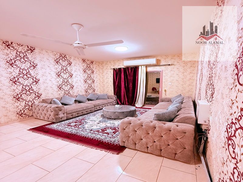 Sharjah, Al Qasimia, fully furnished super deluxe apartment with two bedrooms, a living room, a kitchen, two bathrooms, and a balcony.