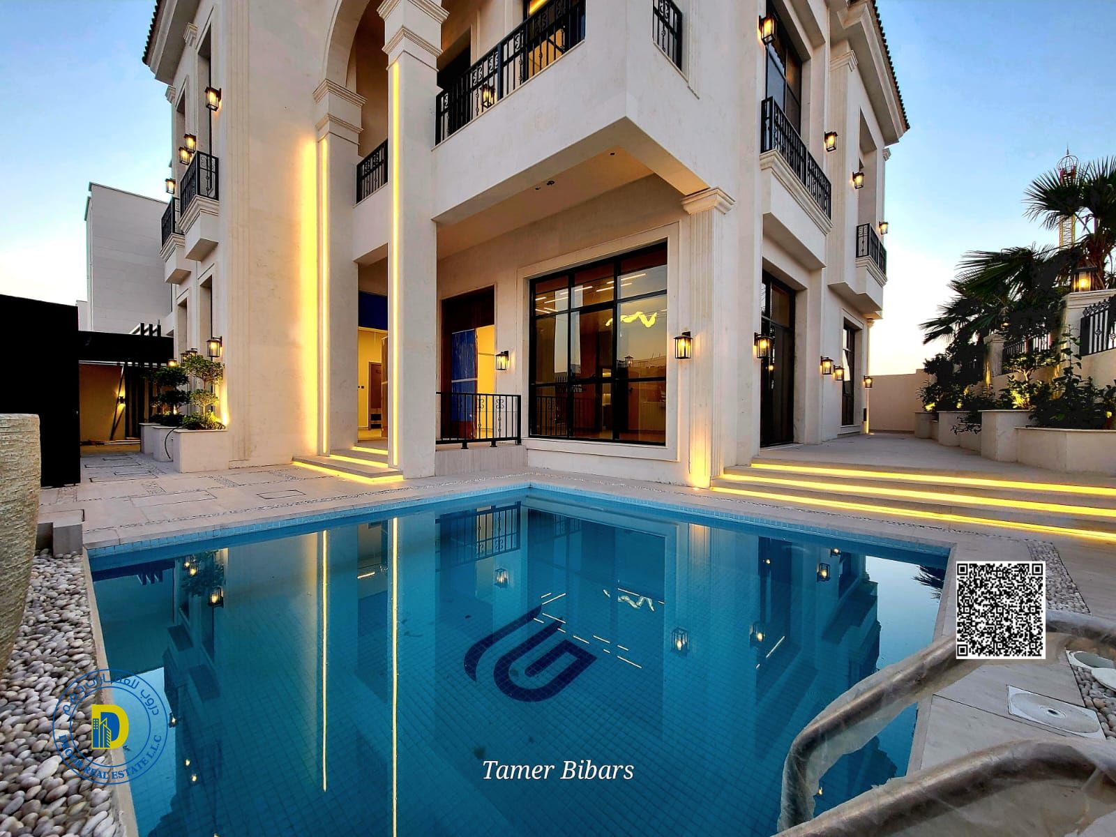 Al Yasmin, for lovers of luxury, a corner villa with 5 bedrooms and a pool, electricity, water, and AC . Freehold . Bank financing .